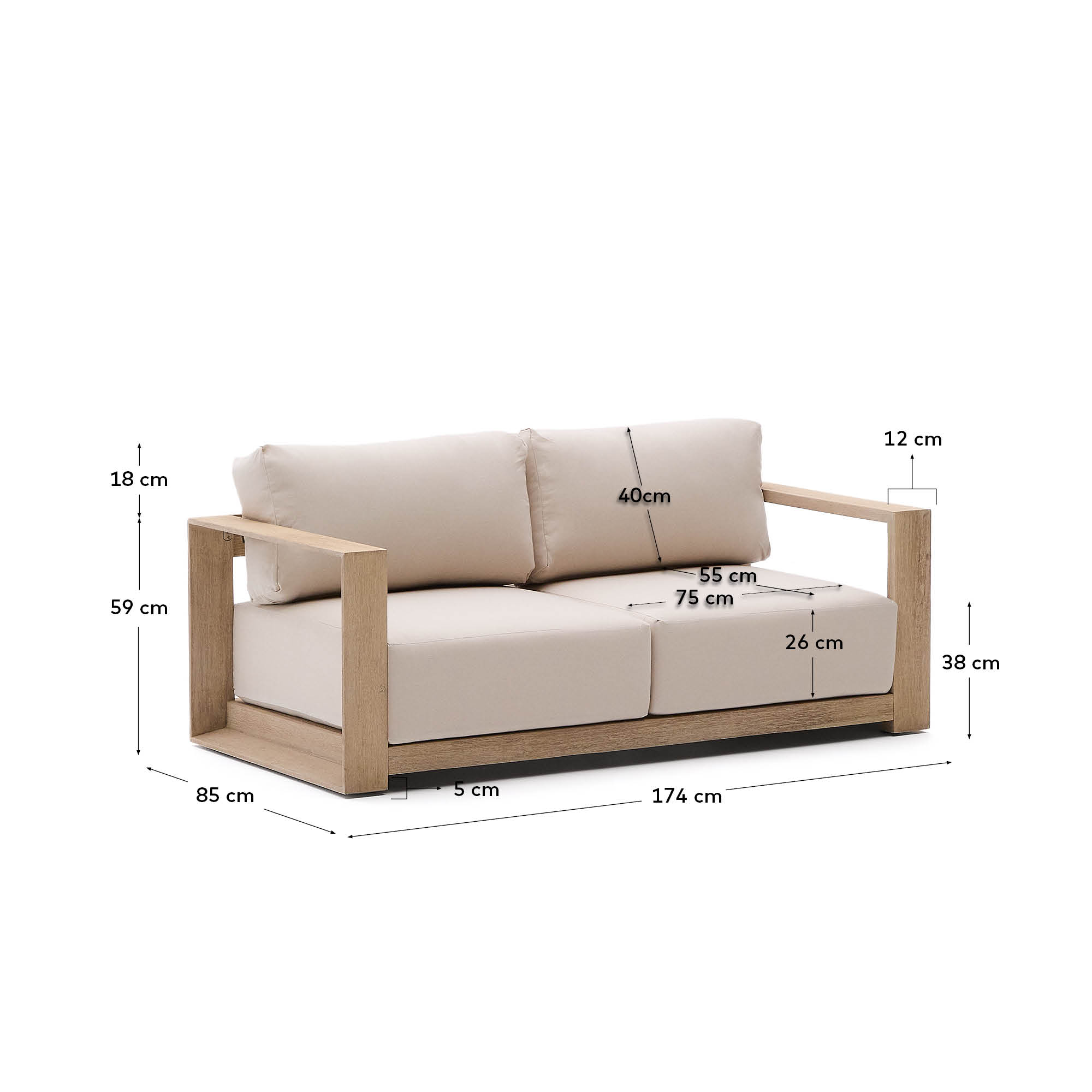 Elegantes 2-Sitzer-Sofa aus Akazienholz, 174 cm breit, mit klarem Finish für stilvolles und nachhaltiges Wohnen.