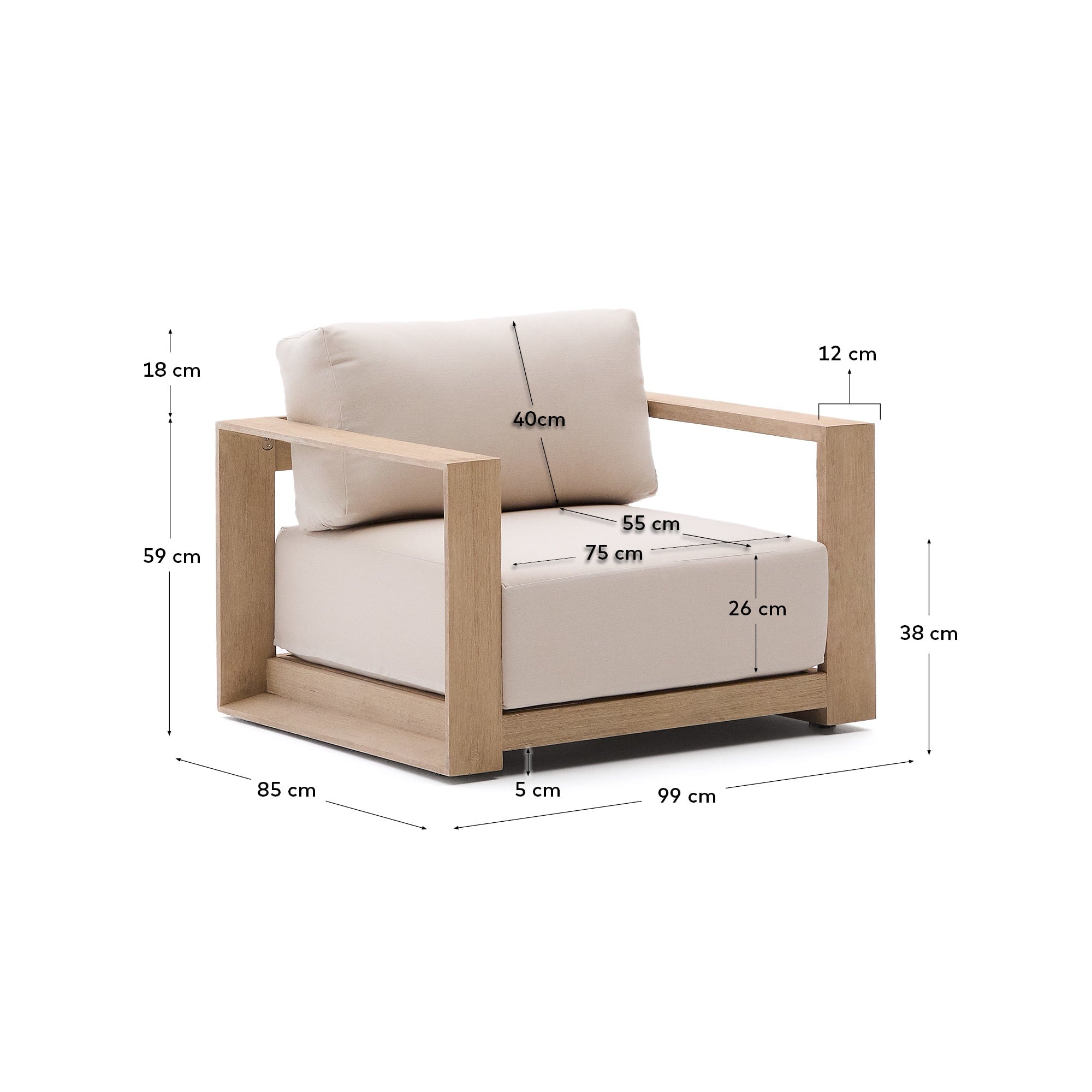 Eleganter Sessel Ambra aus massivem Akazienholz mit klarem Finish von Kave Home. Modernes Design und erstklassige Qualität.