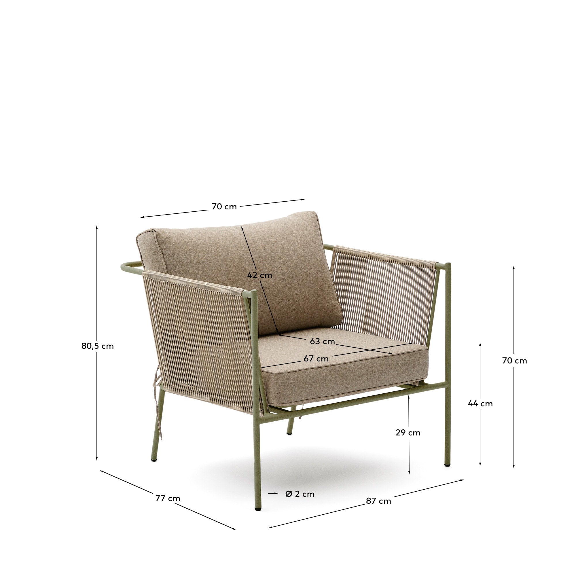 Moderner Outdoor-Sessel Zivia mit écrufarbenem Seil und grünem Stahl, ideal für stilvolle Terrassen und Außenbereiche.