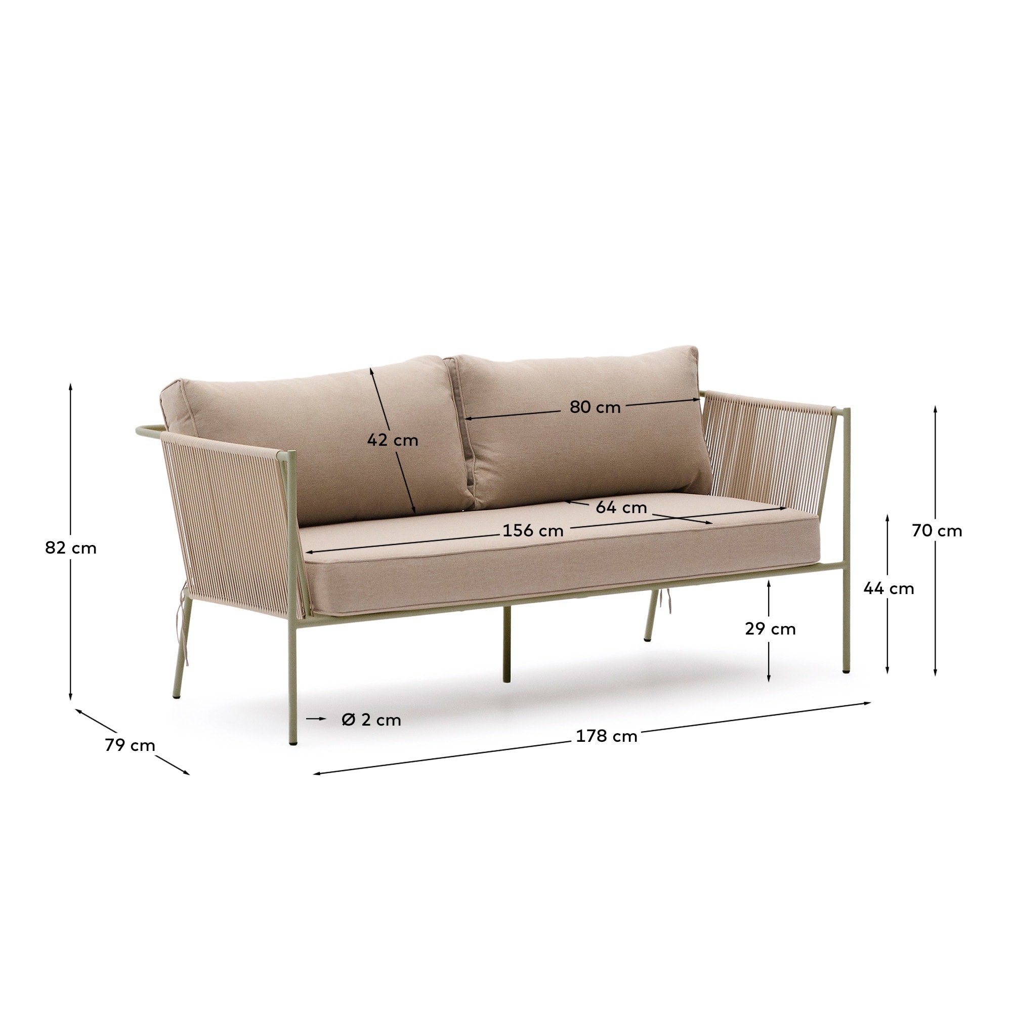 Elegantes 2-Sitzer-Sofa aus écrufarbenem Seil und grünem Stahl, ideal für stilvolle Entspannung im Freien.