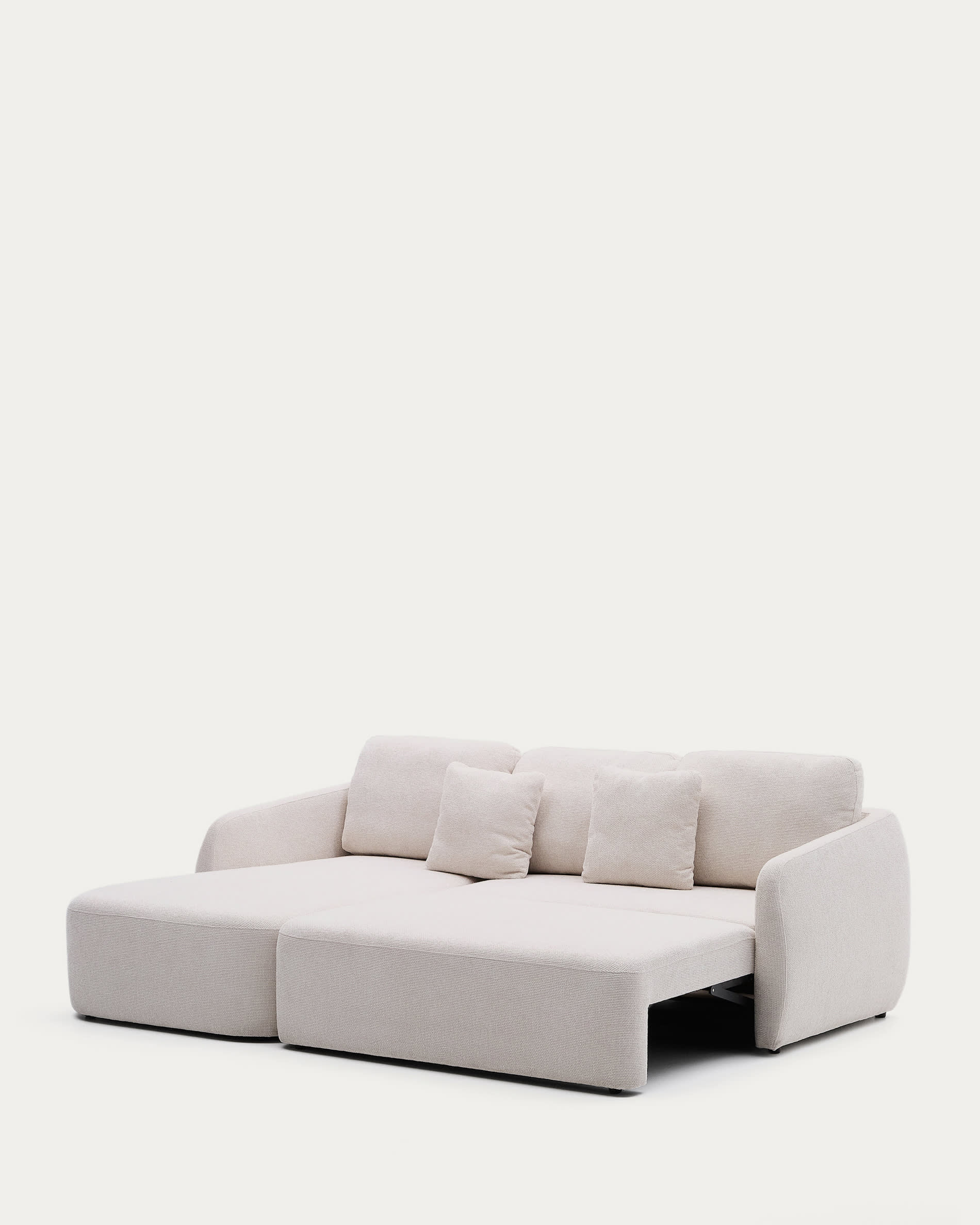 Elegantes 3-Sitzer Schlafsofa mit Chaiselongue links, Chenille-Bezug in Ecru, FSC-zertifiziert, 246 cm breit.