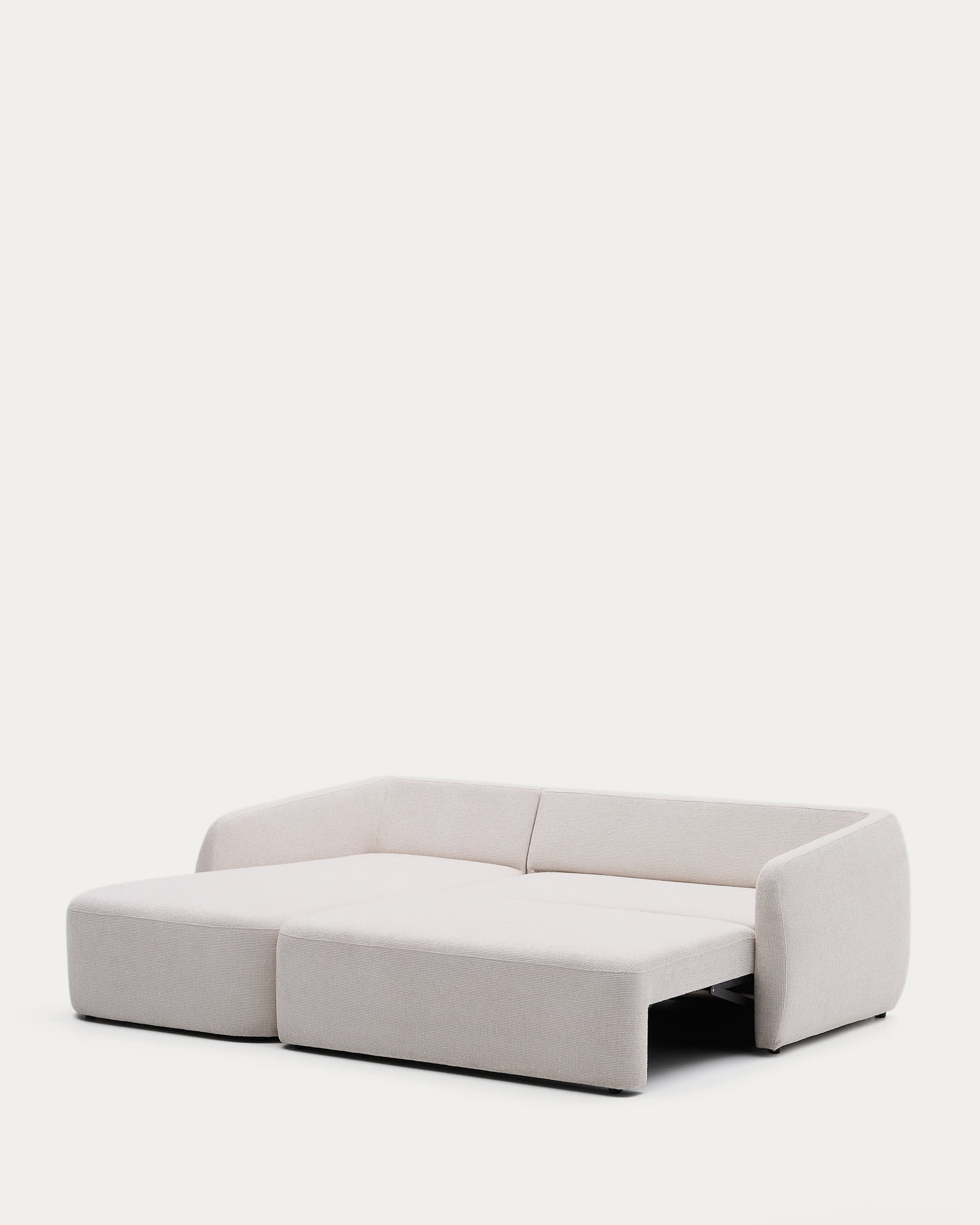 Elegantes 3-Sitzer Schlafsofa mit Chaiselongue links, Chenille-Bezug in Ecru, FSC-zertifiziert, 246 cm breit.