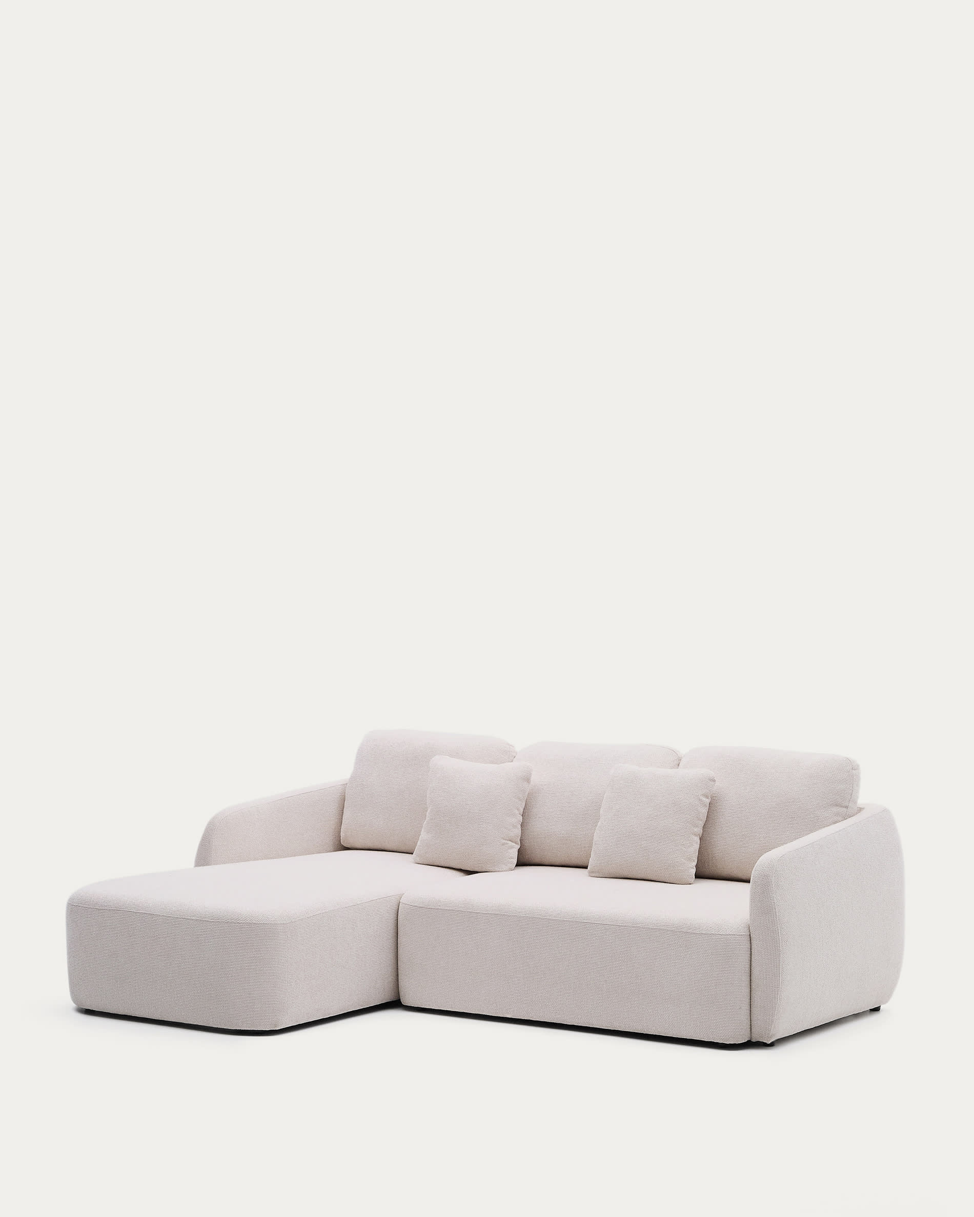 Elegantes 3-Sitzer Schlafsofa mit Chaiselongue links, Chenille-Bezug in Ecru, FSC-zertifiziert, 246 cm breit.