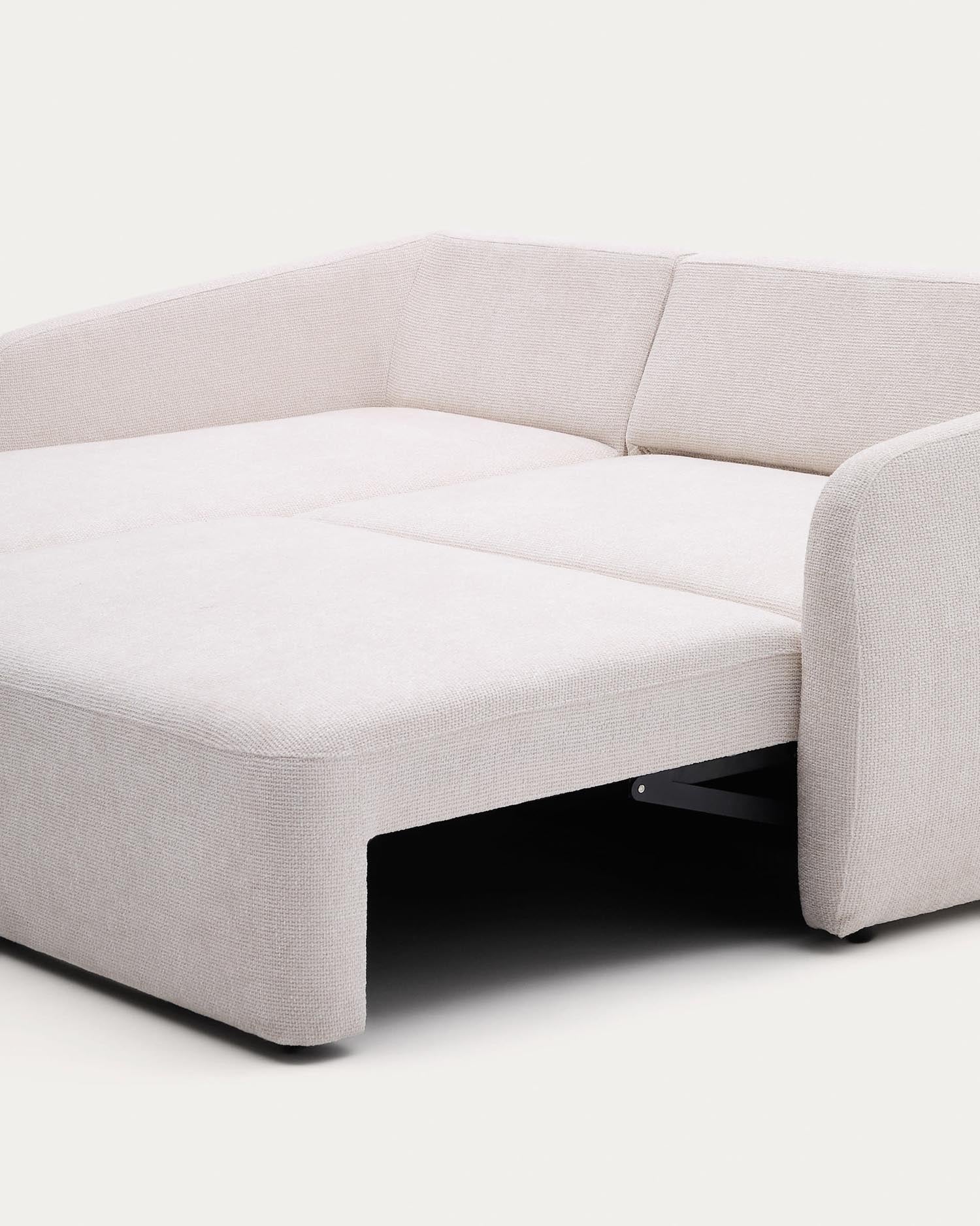 Elegantes Schlafsofa Laira, 3-Sitzer mit linker Chaiselongue, Chenille-Stoff in Ecru, 246 cm, FSC-zertifiziert, nachhaltig.