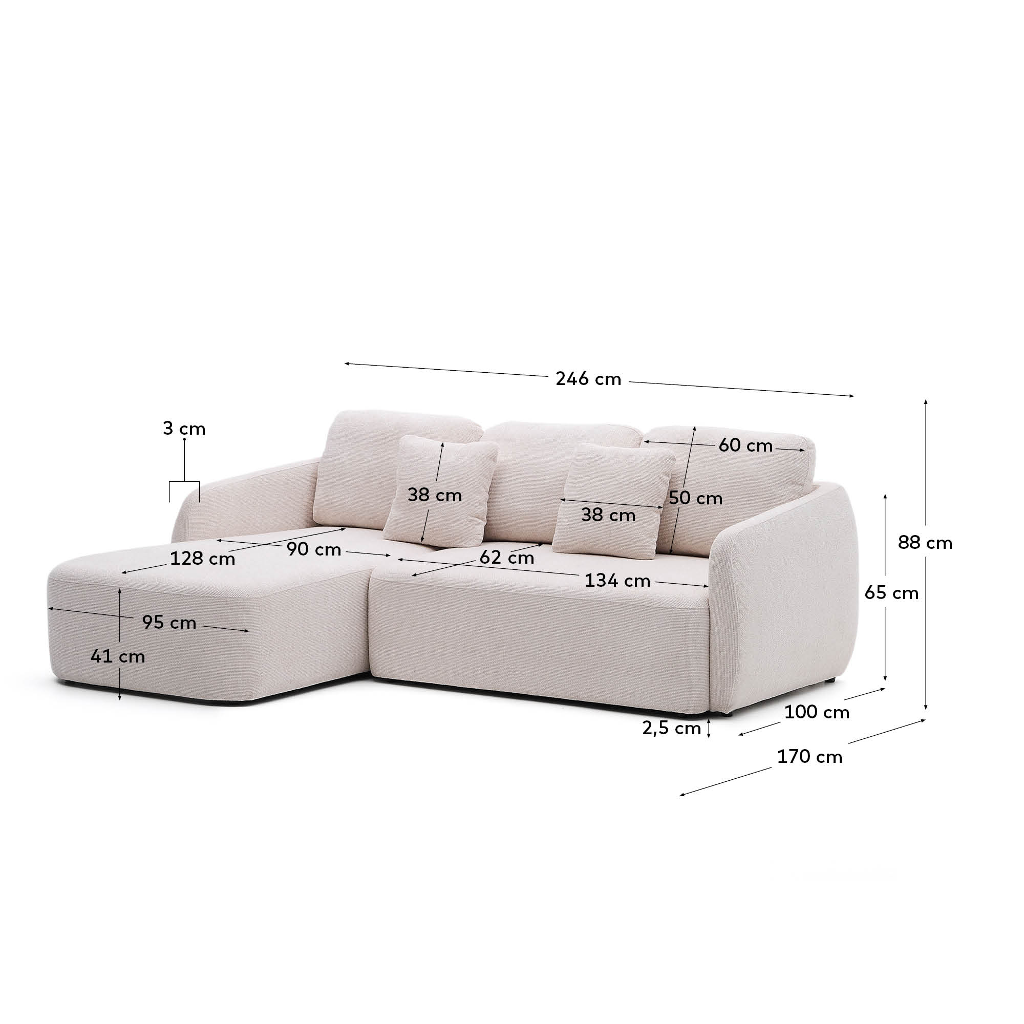 Elegantes 3-Sitzer Schlafsofa mit Chaiselongue links, Chenille-Bezug in Ecru, FSC-zertifiziert, 246 cm breit.