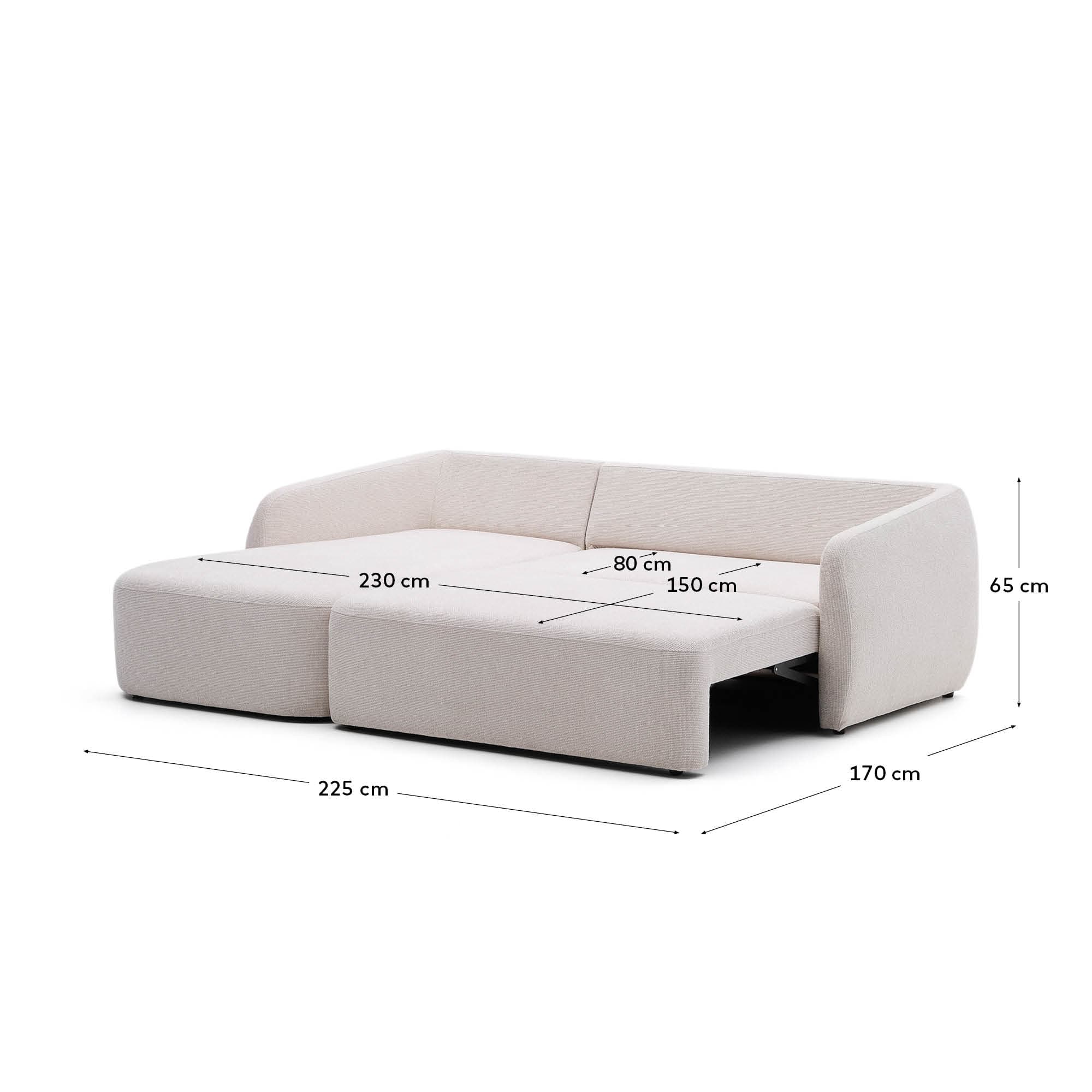 Elegantes 3-Sitzer Schlafsofa mit Chaiselongue links, Chenille-Bezug in Ecru, FSC-zertifiziert, 246 cm breit.