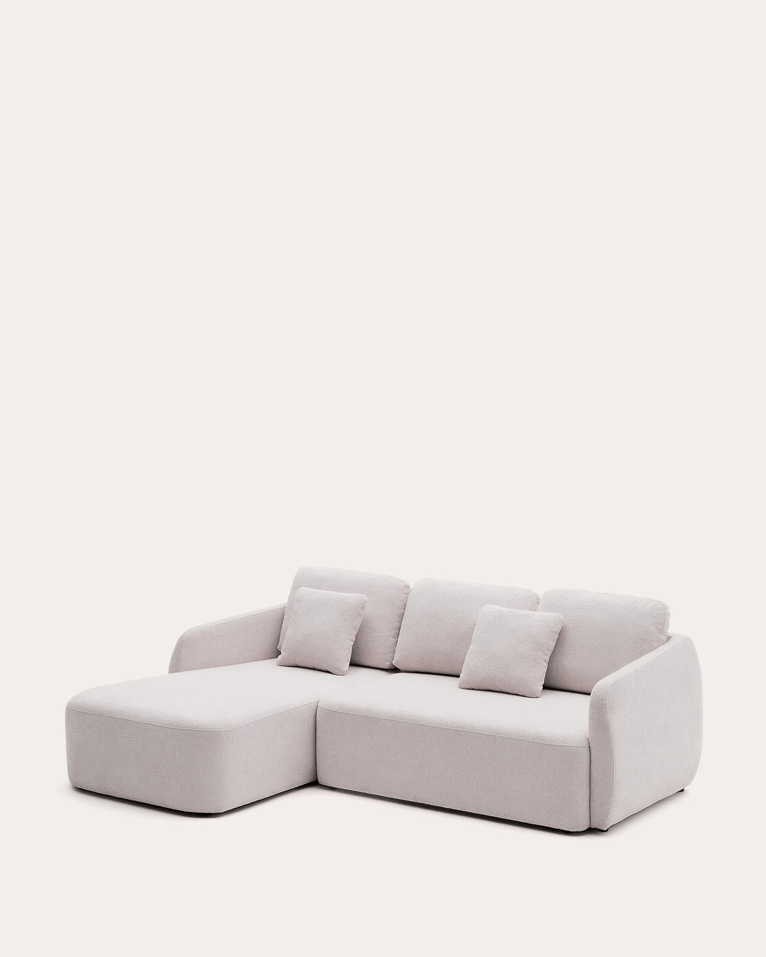 Elegantes 3-Sitzer Schlafsofa mit Chaiselongue links, Chenille-Bezug in Ecru, FSC-zertifiziert, 246 cm breit.