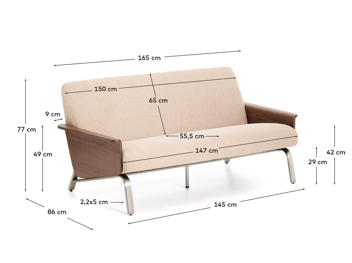 2-Sitzer-Sofa Amsen in Hellbraun aus Nussbaumsperrholz und Beinen aus em gebürsteten Edelstahl 165 cm in Hellbraun präsentiert im Onlineshop von KAQTU Design AG. 2er Sofa ist von Kave Home