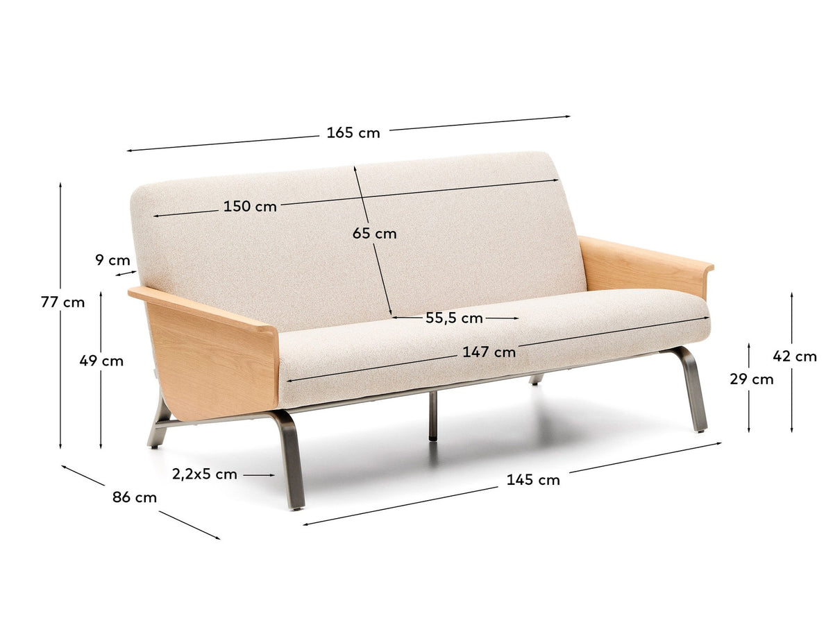Beiges 2er Sofa Amsen mit Eichenfurnier-Armlehnen und silbernen Edelstahlbeinen
