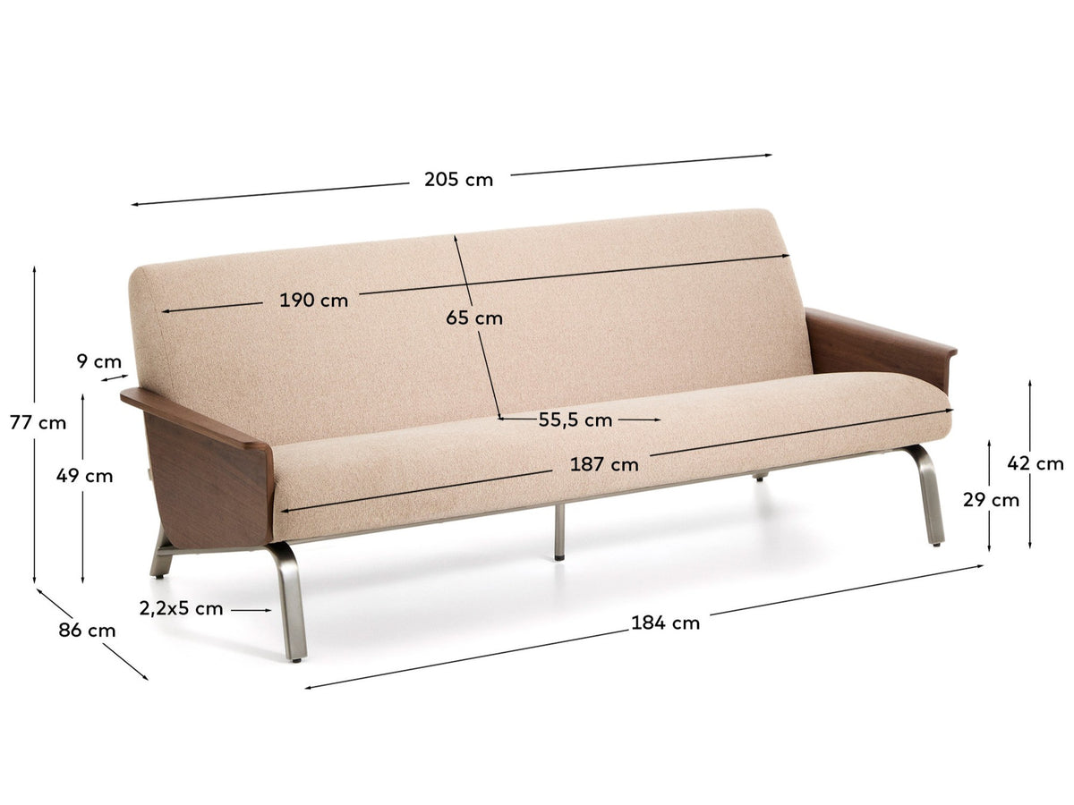 3-Sitzer-Sofa Amsen in Hellbraun aus Nussbaumsperrholz und Beinen aus em gebürsteten Edelstahl 205 cm in Hellbraun präsentiert im Onlineshop von KAQTU Design AG. 3er Sofa ist von Kave Home