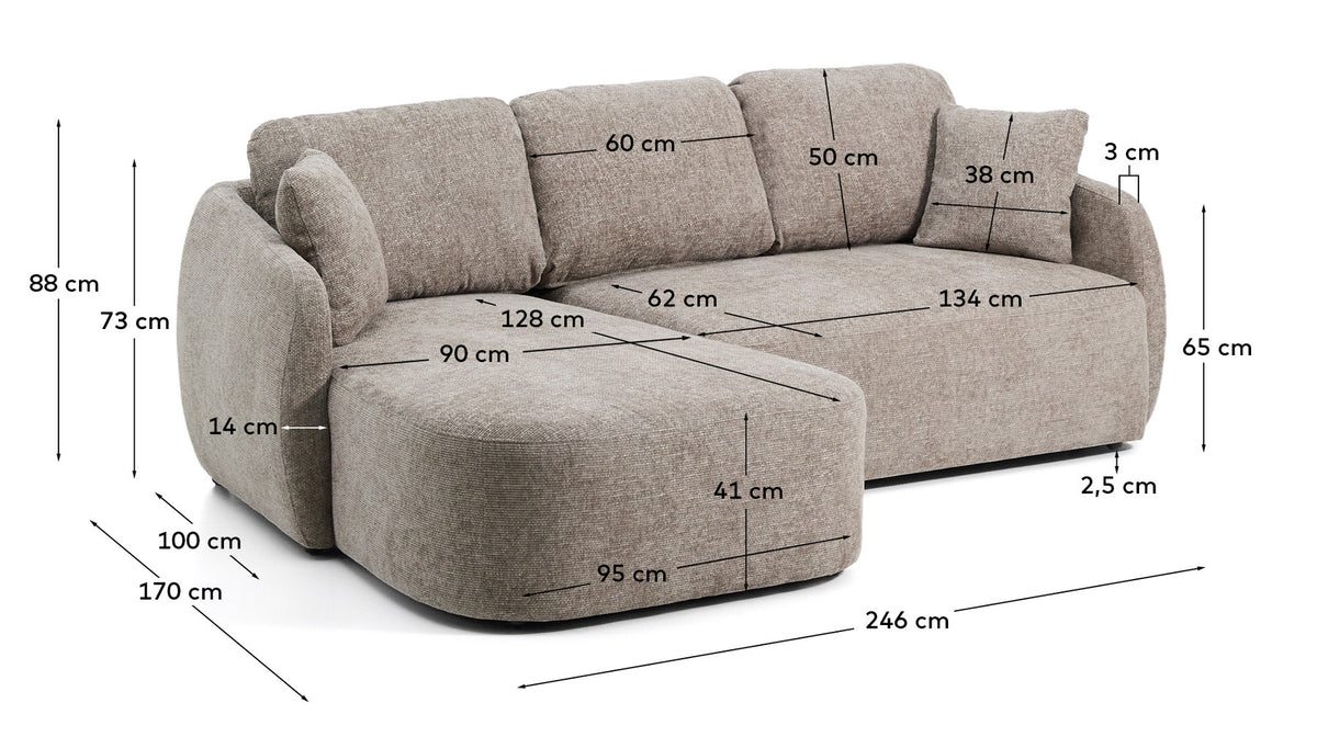 3-Sitzer-Bettsofa Laira in taupefarbener Chenille und Chaiselongue links, 246 cm, FSC Mix Credit in Taupe präsentiert im Onlineshop von KAQTU Design AG. Bettsofa ist von Kave Home