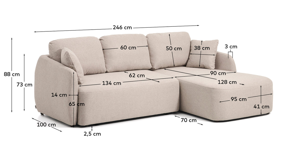 3-Sitzer-Bettsofa Laira in beiger Chenille und Chaiselongue rechts, 246 cm, FSC Mix Credit in Beige präsentiert im Onlineshop von KAQTU Design AG. Bettsofa ist von Kave Home