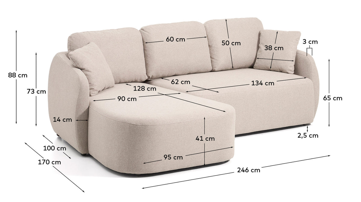 3-Sitzer-Bettsofa Laira in beiger Chenille und Chaiselongue links, 246 cm, FSC Mix Credit in Beige präsentiert im Onlineshop von KAQTU Design AG. Bettsofa ist von Kave Home