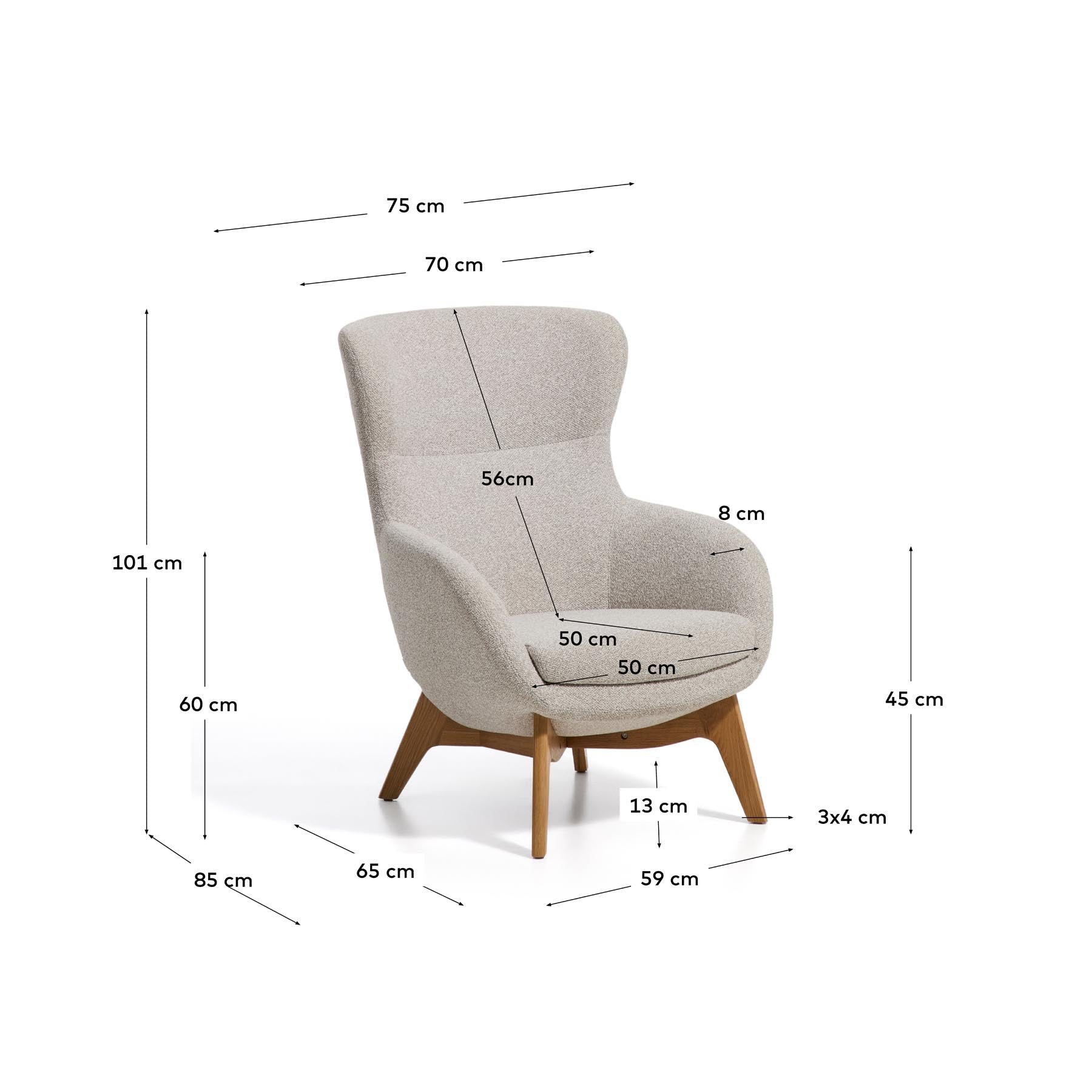 Sessel Adiran mit dicker Chenille in Beige und Beinen aus massivem Eichenholz mit natürlichem Finish in Beige präsentiert im Onlineshop von KAQTU Design AG. Sessel ist von Kave Home
