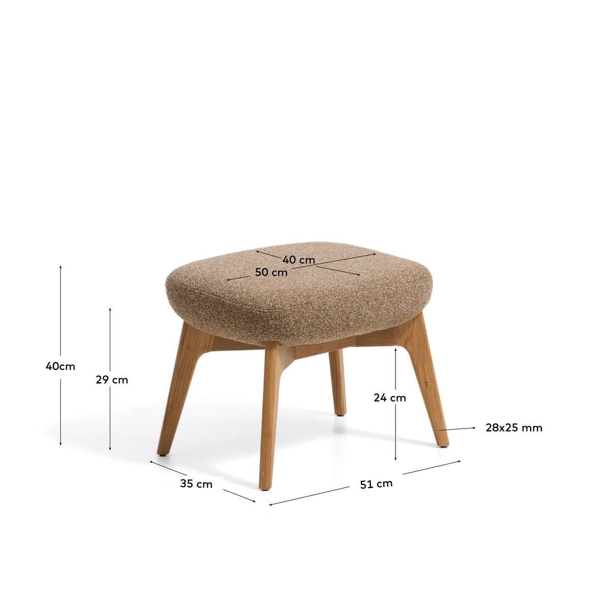 Ottoman Fussablage Adiran mit hellbraunem Chenille-Bezug und Beinen aus massivem Eichenholz mit natürlichem Finish, Kave Home.