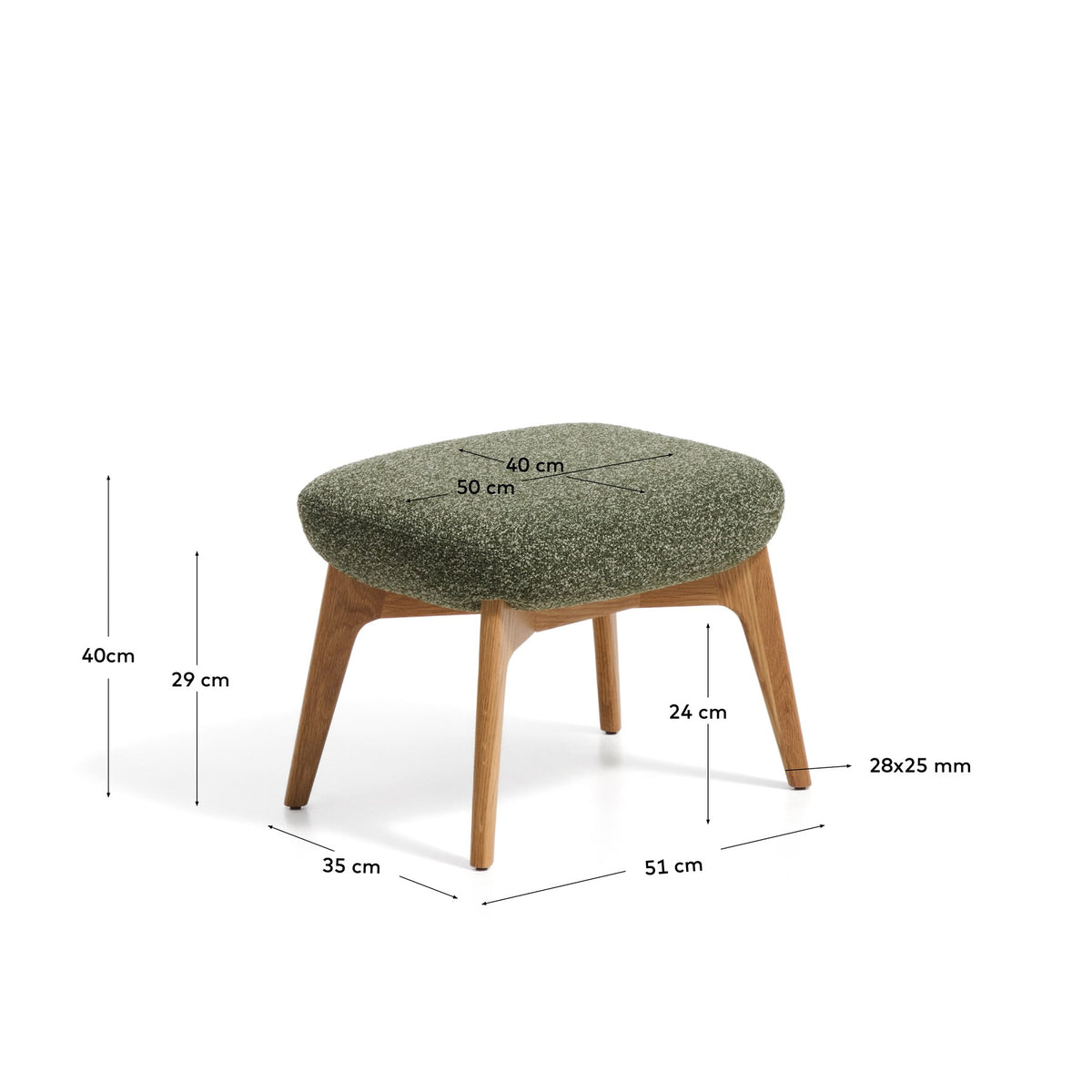 Fussablage Adiran von Kave Home, Ottoman mit dunkelgrünem Chenille-Bezug und Beinen aus massivem Eichenholz mit natürlichem Finish.