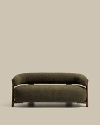 Divano 2 posti in granito con ciniglia verde e gambe in legno massello di frassino finitura noce, 155 cm, FSC 100%