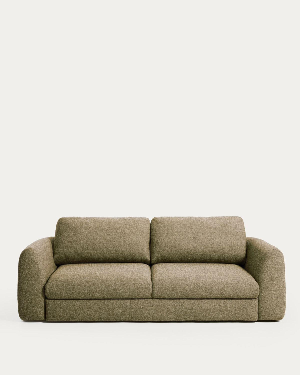 4-Sitzer Bettsofa Vera in Dunkelgrün mit abgerundeten Armlehnen, schwarzen Beinen und texturiertem Gewebebezug, Y-open Öffnungssystem sichtbar.