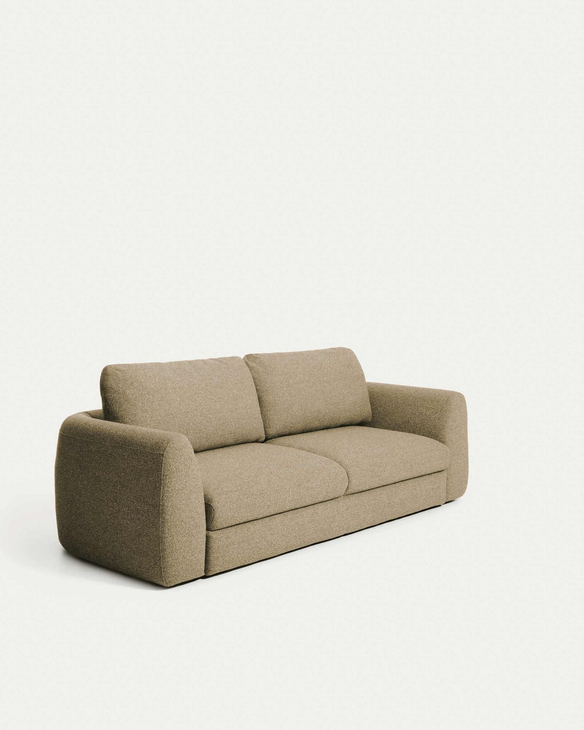 4-Sitzer Bettsofa Vera in Dunkelgrün mit abgerundeten Armlehnen, schwarzen Beinen und texturiertem Gewebebezug, Y-open Öffnungssystem sichtbar.