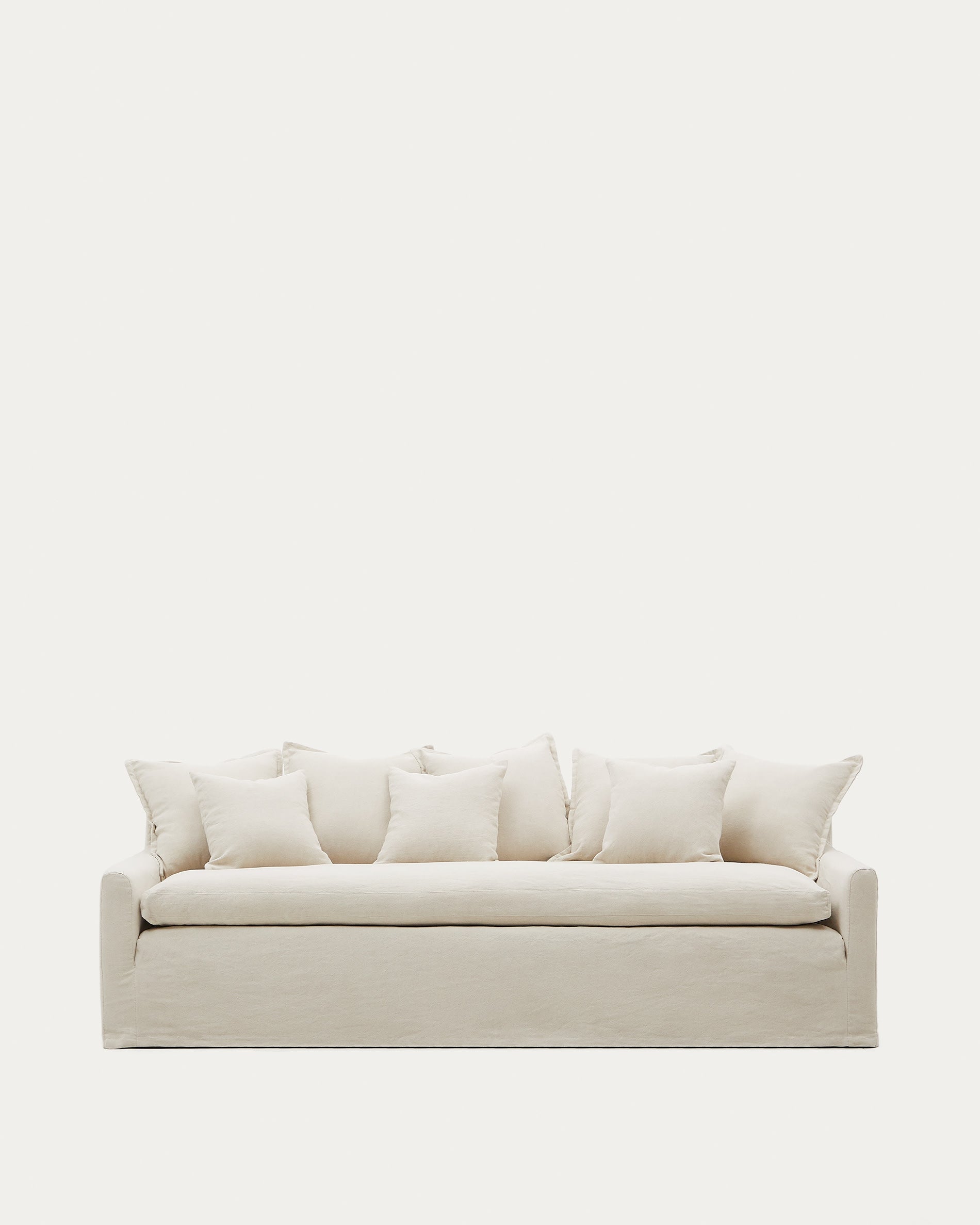 Elegantes Zenira 3-Sitzer-Sofa: 230 cm breit, abnehmbarer Baumwoll-Leinen-Bezug, federgefüllte Kissen, beige, pflegeleicht.