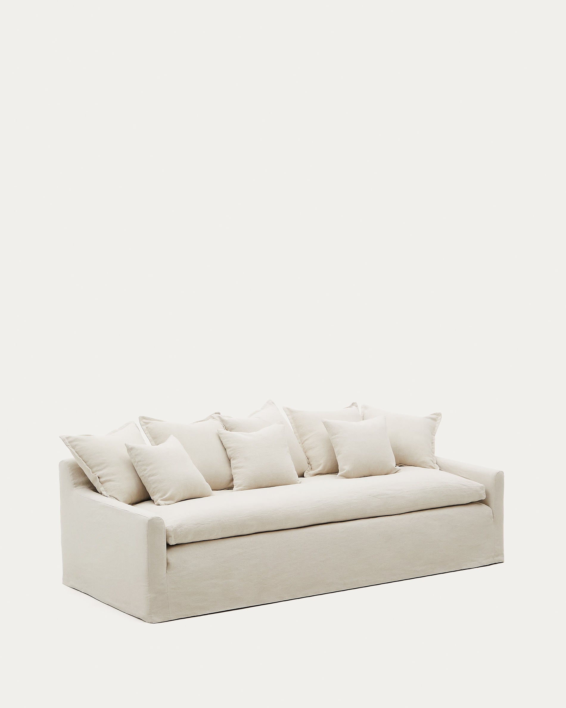 Elegantes 3-Sitzer-Sofa mit abnehmbarem Baumwoll-Leinen-Bezug, Federkissen und beigem Design für stilvollen Komfort.