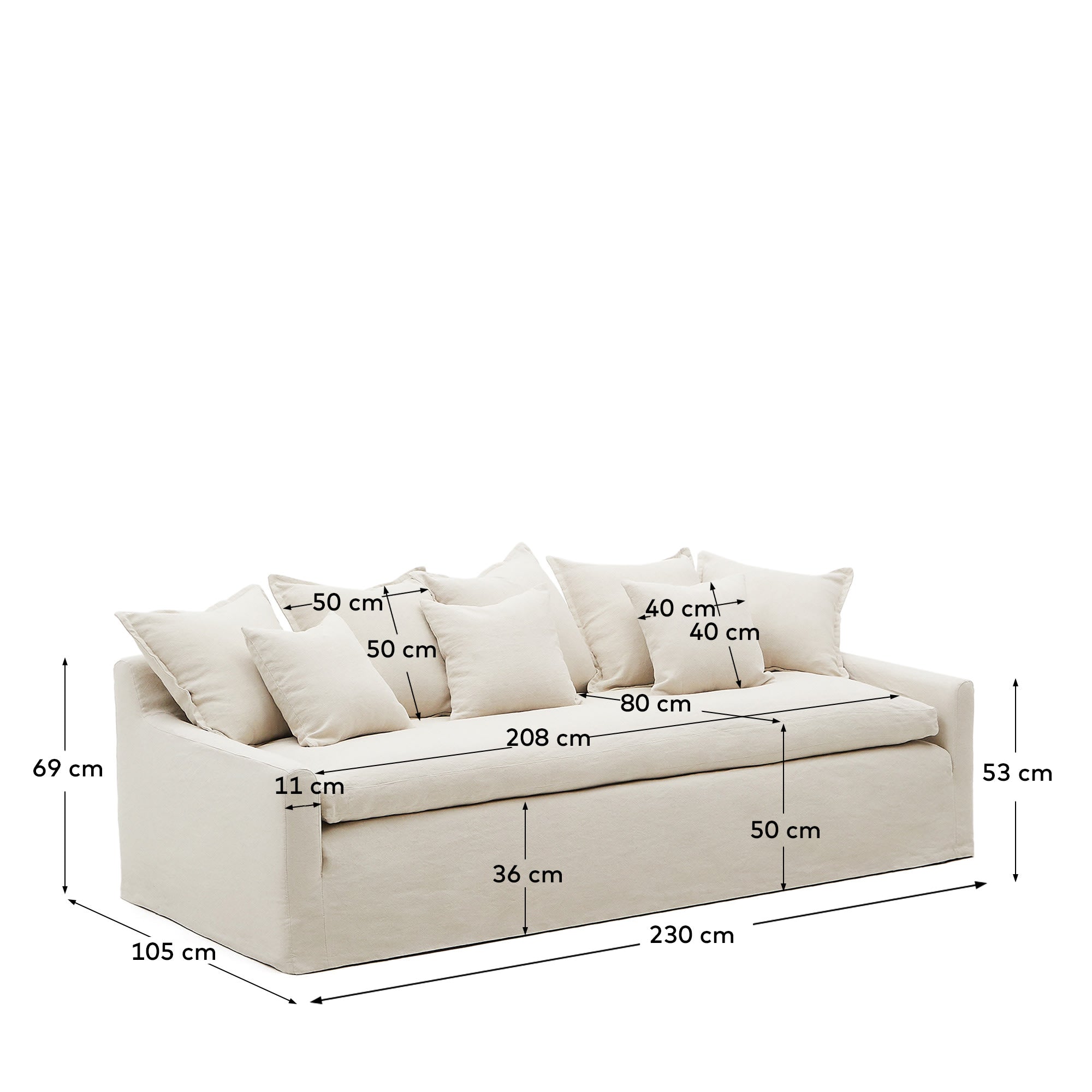 Stilvolles Zenira 3-Sitzer-Sofa, 230 cm, beige, mit abnehmbarem Bezug aus Baumwolle und Leinen, inklusive Kissen, von Kave Home.