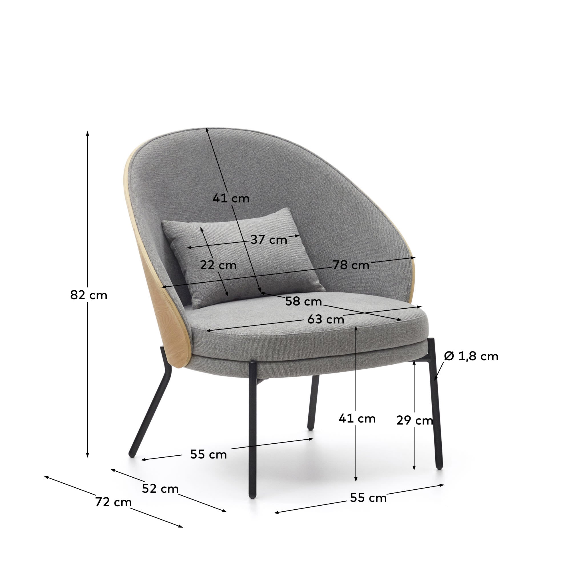 Eleganter Eamy Sessel in hellgrau mit Eschenfurnier und schwarzem Metall, ideal für moderne und komfortable Wohnräume.