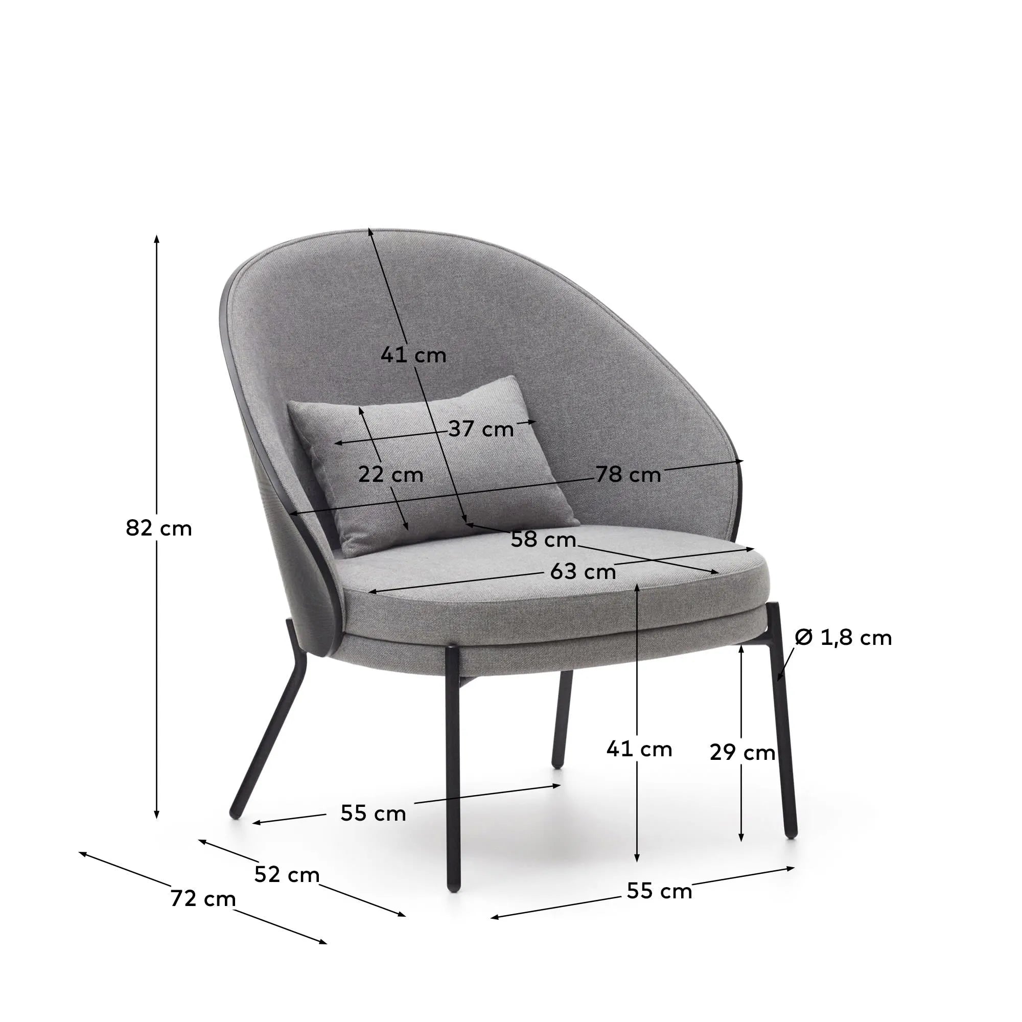 Eleganter Sessel in hellgrau mit Eschenfurnier und schwarzem Metallgestell, ideal für stilvolle Entspannung.