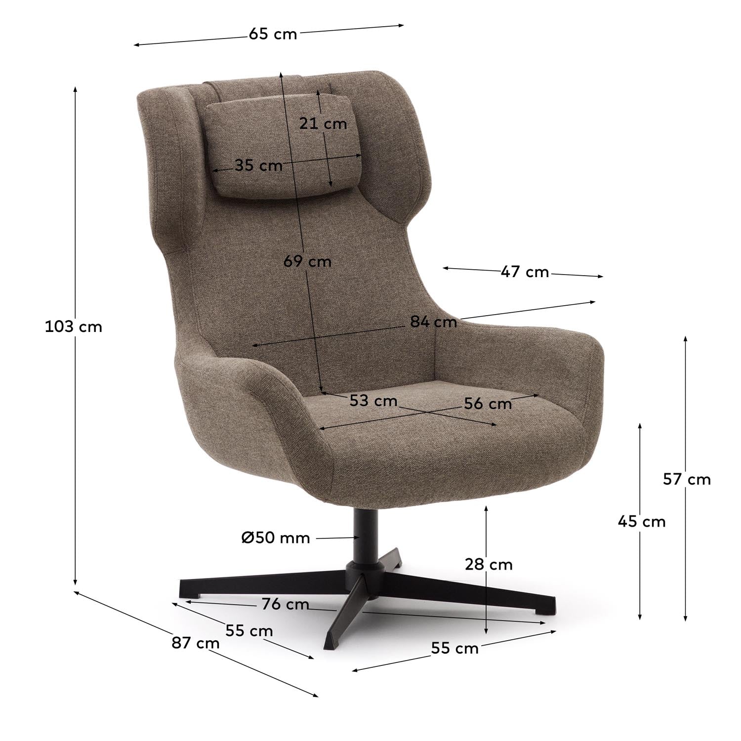 Zalina swivel chair made of light<tc>braun</tc>em chenille and steel with black finish FSC 100%