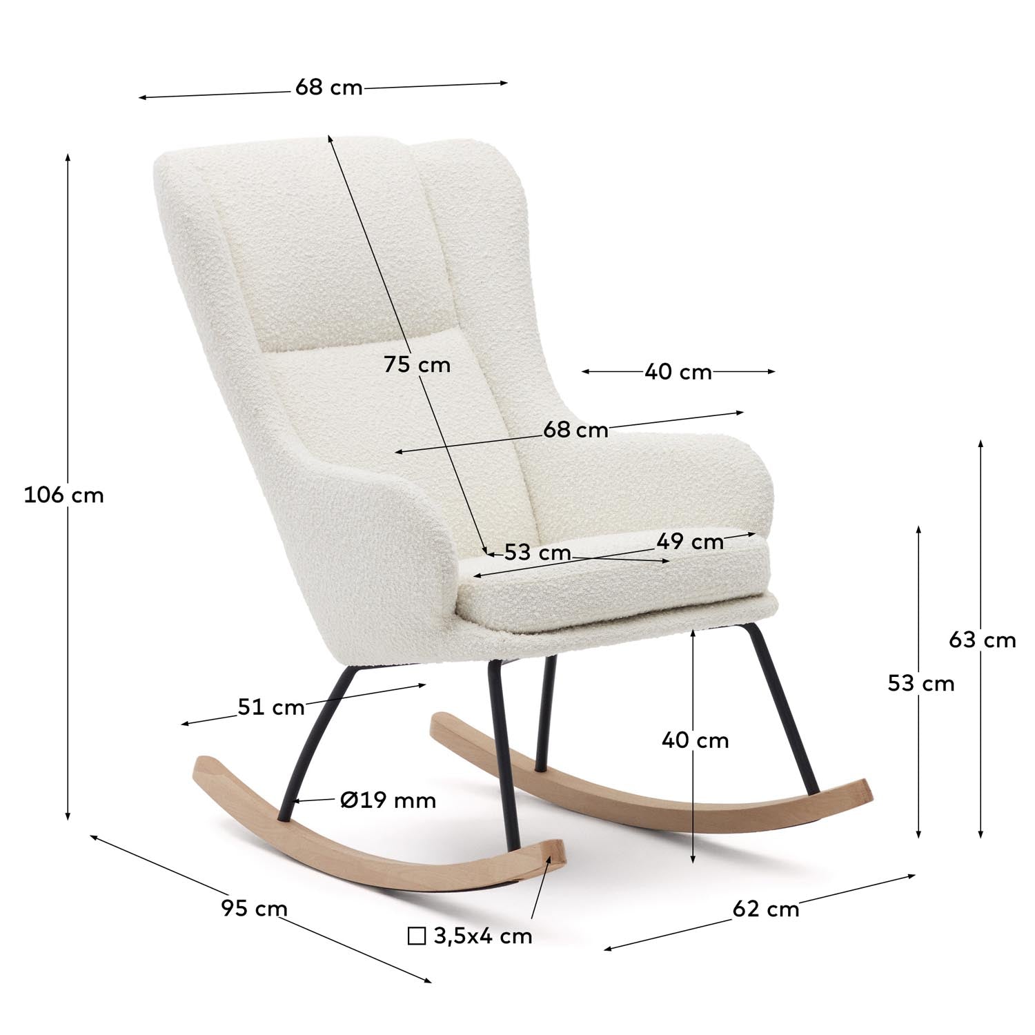 Maustin Schaukelstuhl von Kave Home: Elegantes Design mit weichem Bouclé, robustem Stahl und Buchenholz für stilvolle Entspannung.