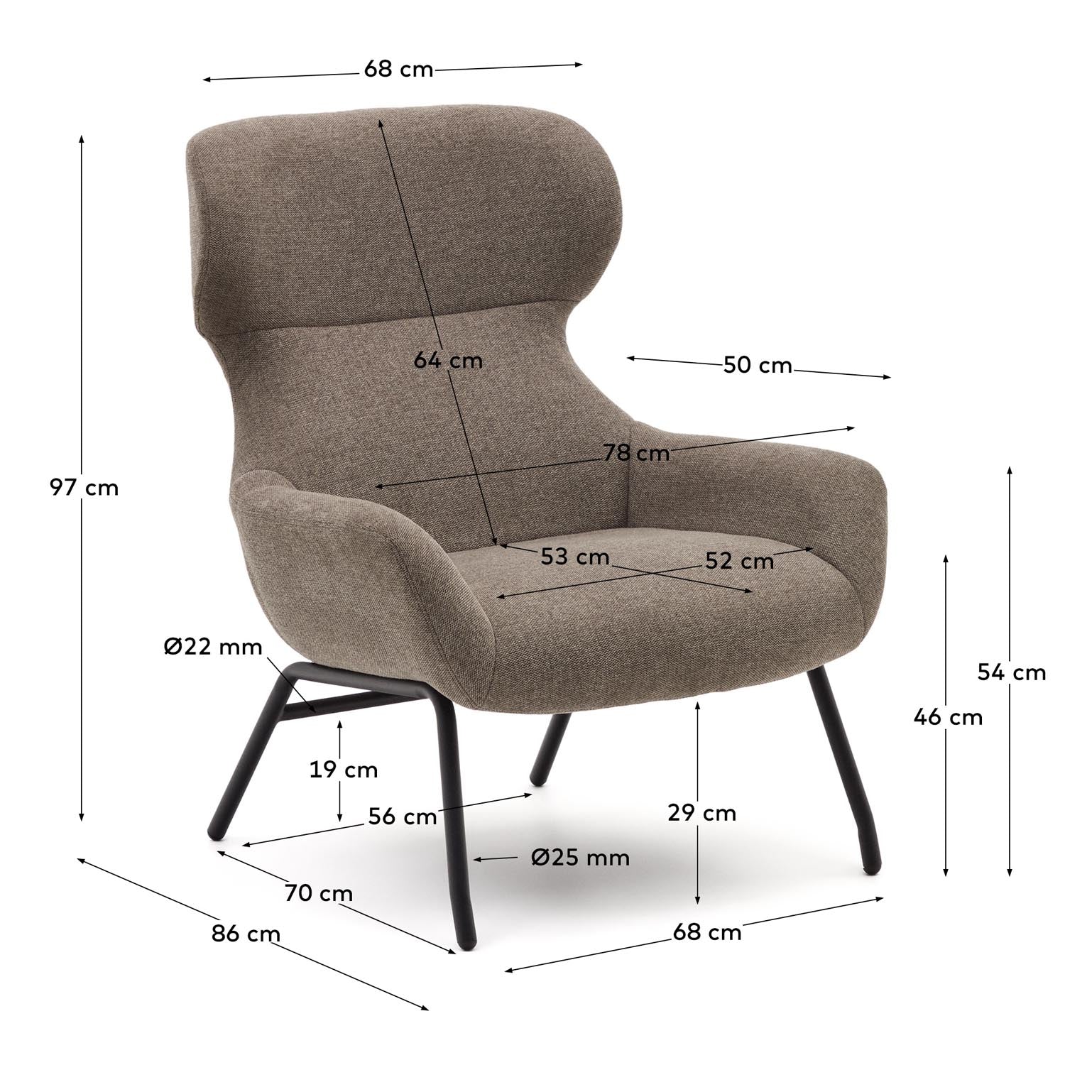 Belina armchair with chenille in light<tc>braun</tc> and steel with black finish FSC 100%