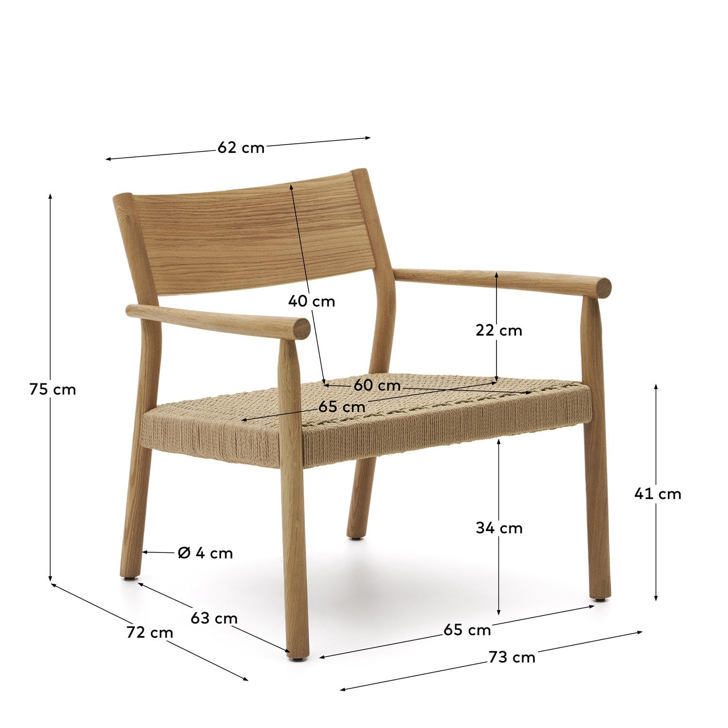 Stilvoller Sessel Yalia aus massivem Eichenholz und Papierseil, ideal für deinen Outdoor-Bereich. Nachhaltig und komfortabel.