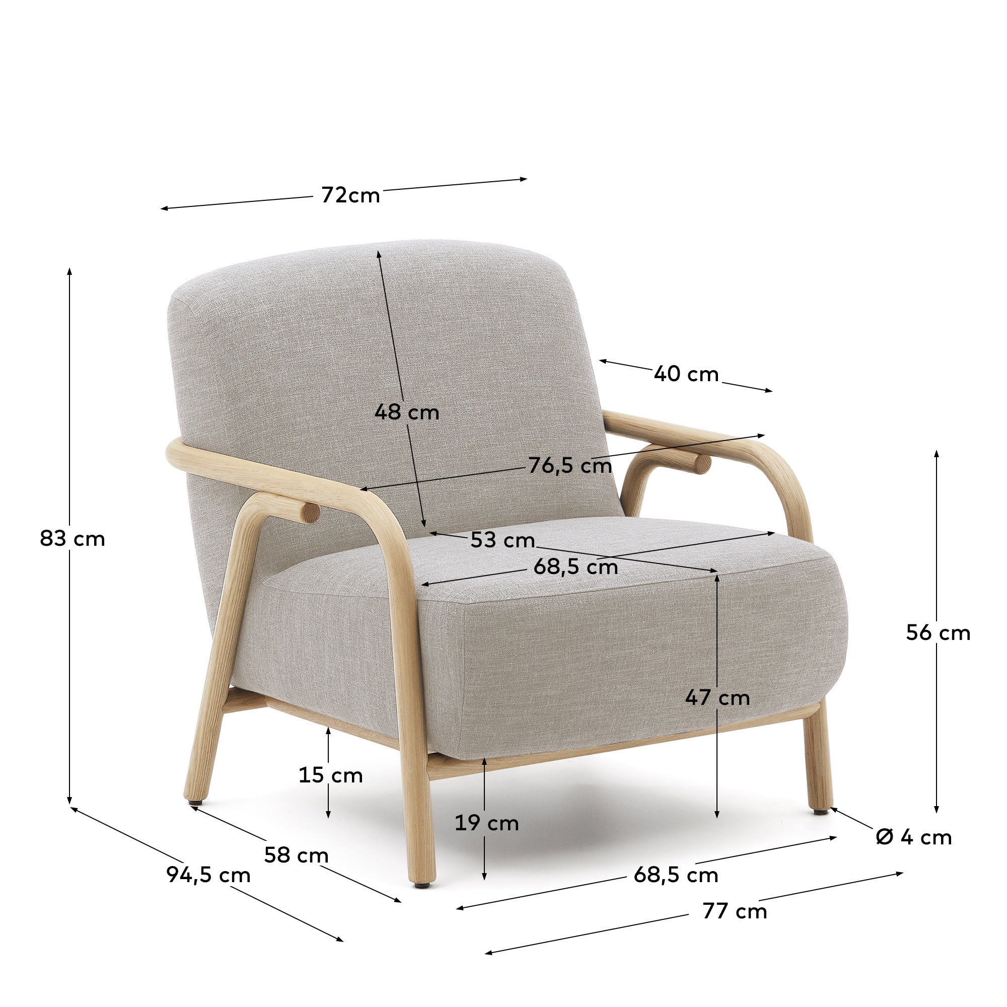 Moderner Sessel Sylo in Beige aus 100% FSC-zertifiziertem Eschenholz, vereint zeitloses Design mit umweltfreundlicher Herstellung.
