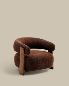 Granite armchair, flame retardant, made of brown chenille and solid ash wood with walnut