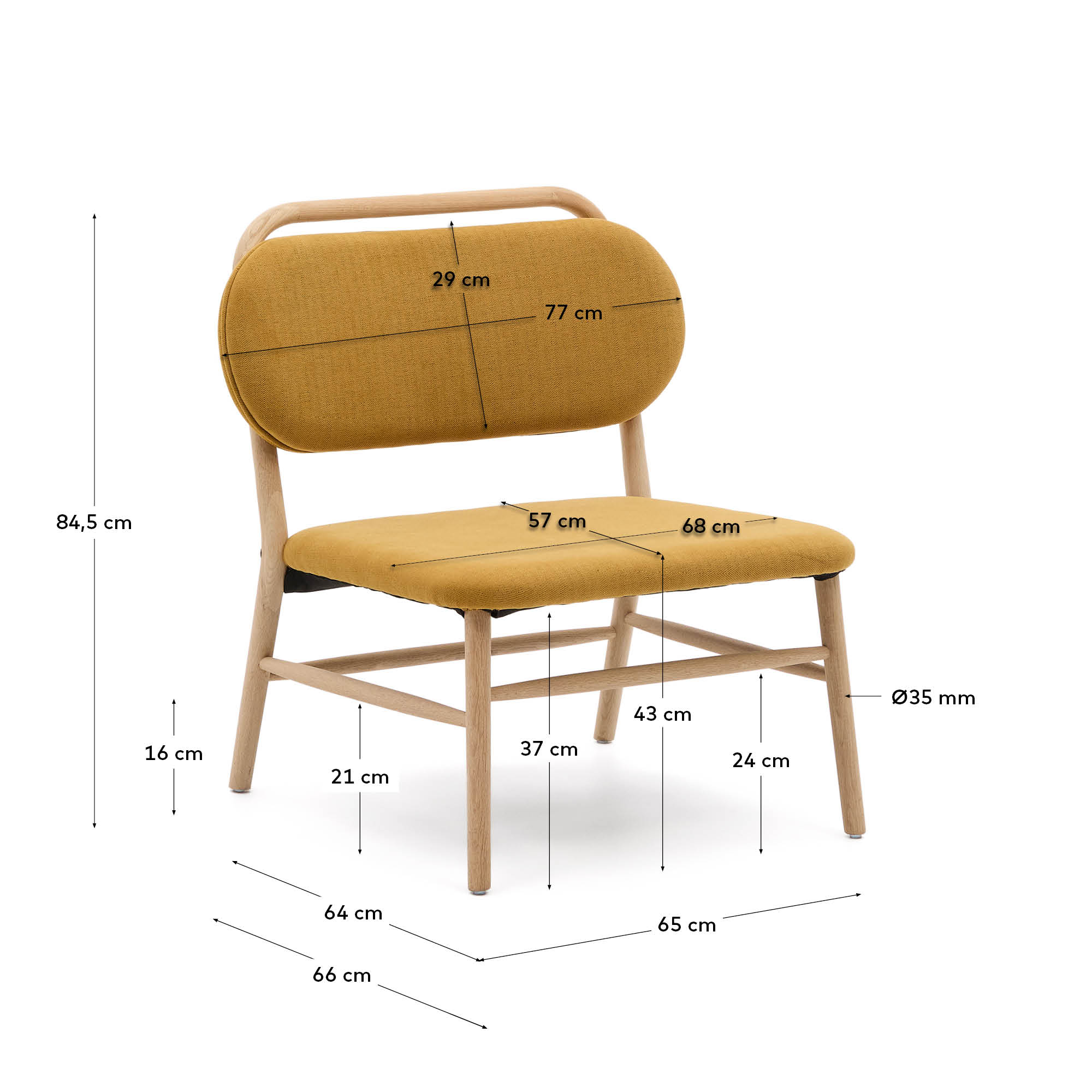 Helda armchair in mustard yellow chenille and solid oak wood FSC Mix Credit