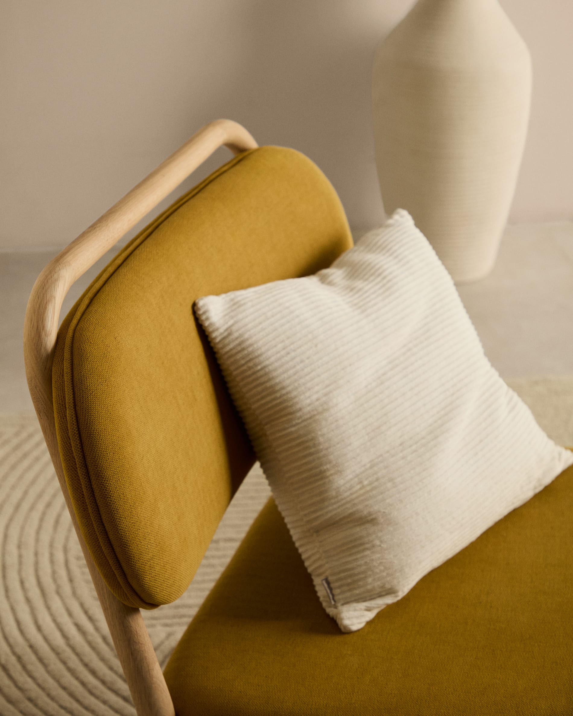 Helda armchair in mustard yellow chenille and solid oak wood FSC Mix Credit
