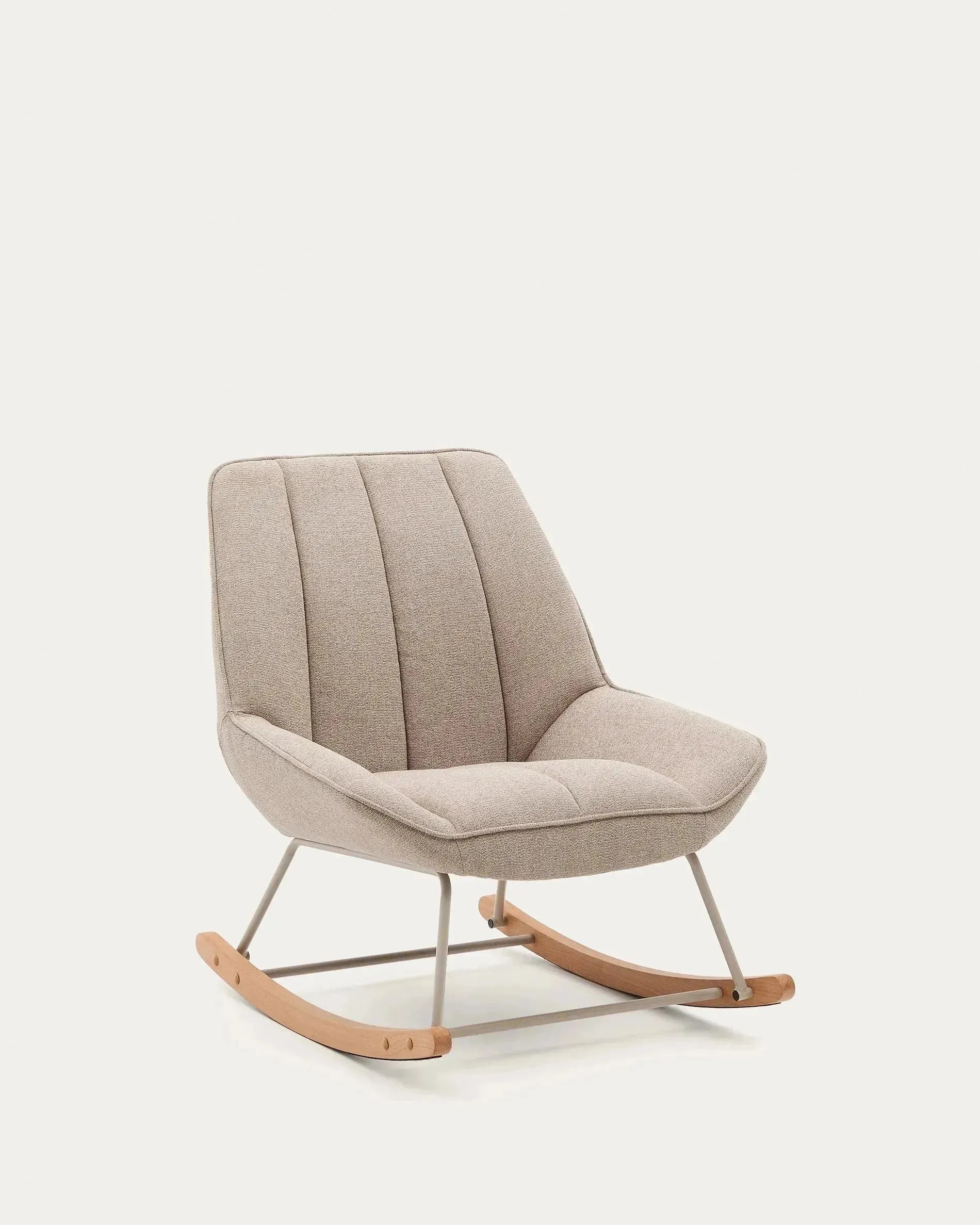 3D-Modell des Schaukelstuhls Marlina: Beigefarbener Chenille-Stoff, mattgraues Metallgestell, elegantes Design.