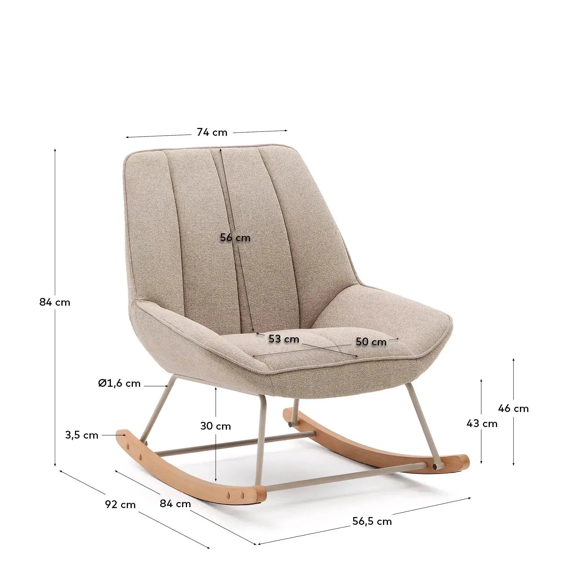Moderner Schaukelstuhl Marlina mit weichem Chenille-Stoff in Beige und stabilem grauem Metallgestell, ideal für stilvolles Wohnen.