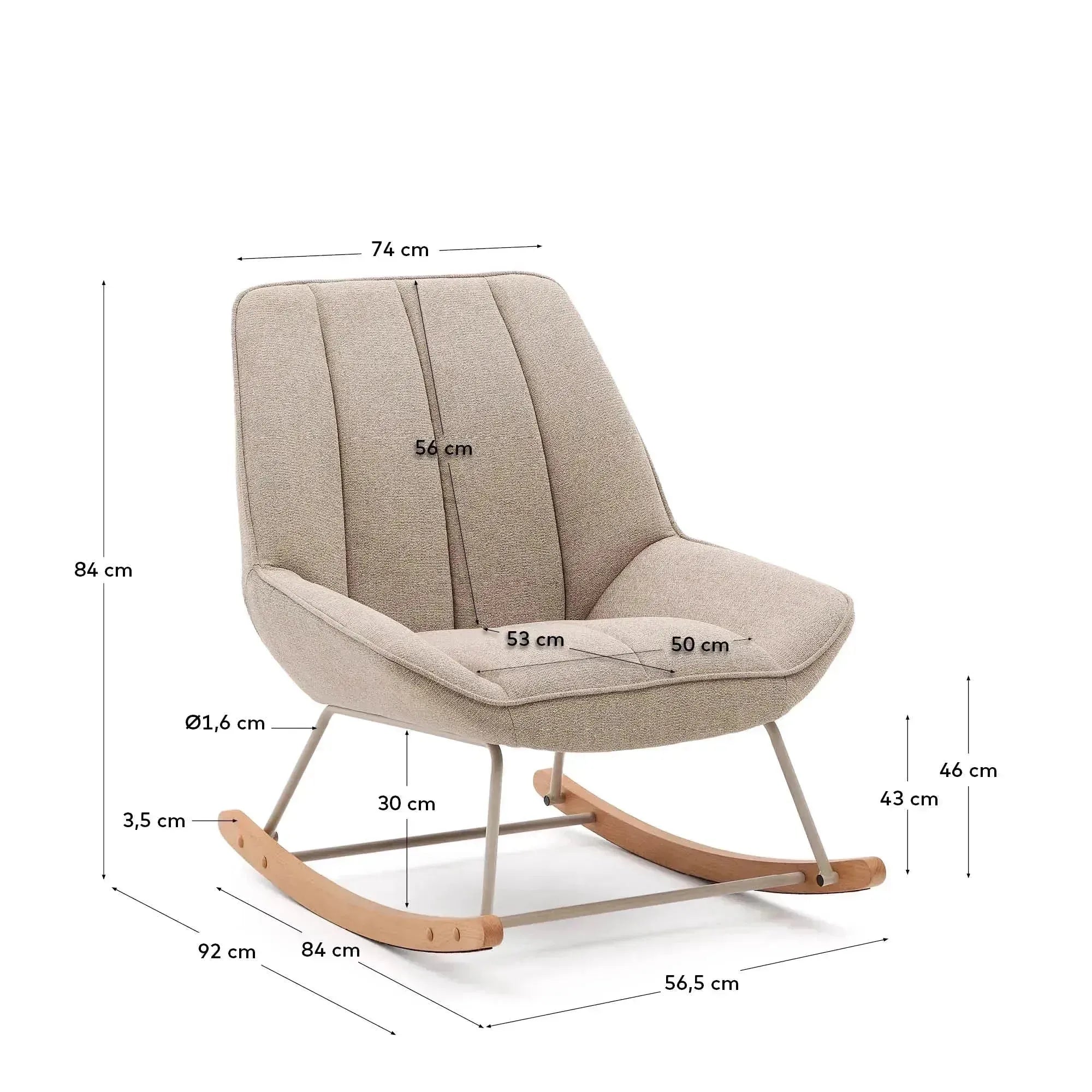 Moderner Schaukelstuhl Marlina mit weichem Chenille-Stoff in Beige und stabilem grauem Metallgestell, ideal für stilvolles Wohnen.