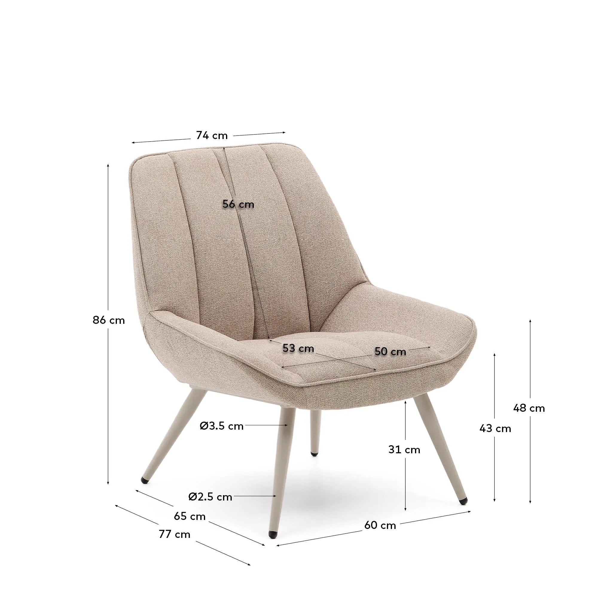 Eleganter Sessel Marlina mit weichem Chenille-Stoff in Beige und stabilen, mattgrauen Stahlbeinen von Kave Home.