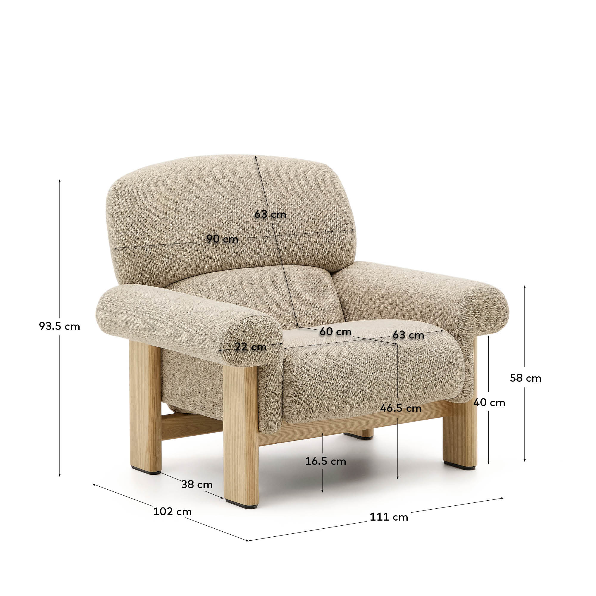 Armchair nema made of beige chenille and legs made of solid ash wood with natural