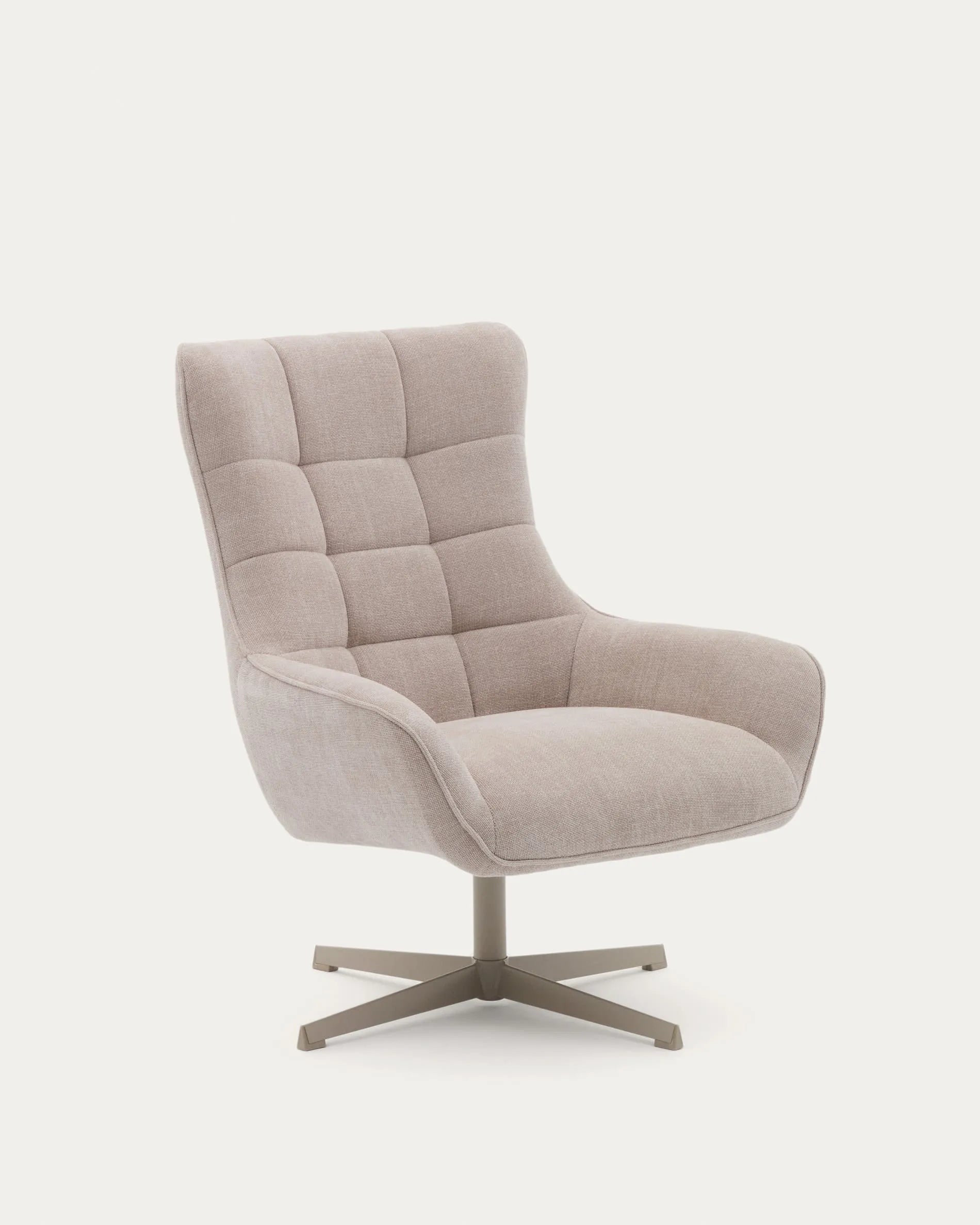 Moderner Sessel Teryl aus beiger Chenille und grauem Metall, FSC-zertifiziert, ideal für stilvolle und nachhaltige Einrichtung.