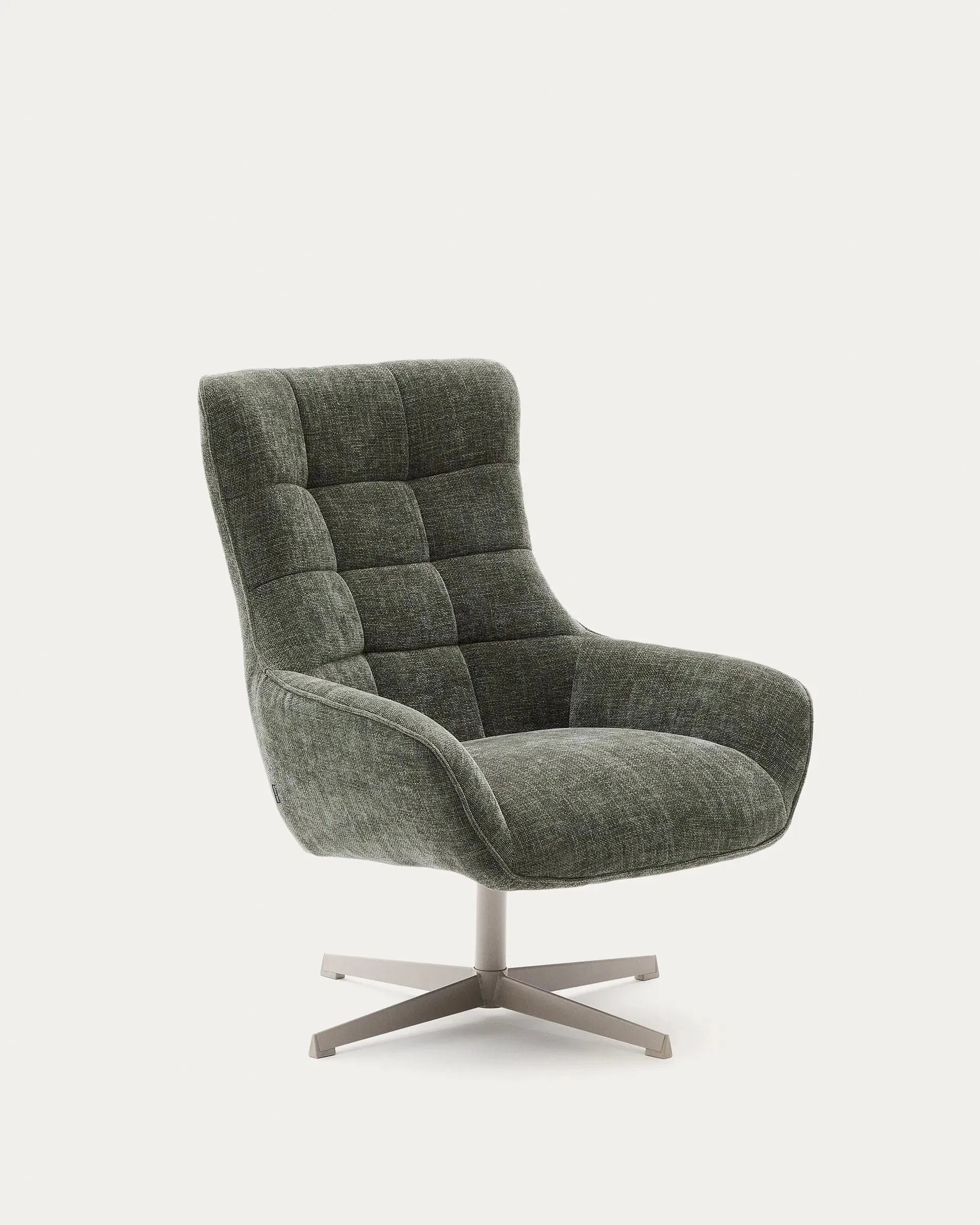 Sessel Teryl: Grüner Chenillebezug, graues Metallgestell, FSC-zertifiziert, modern und nachhaltig, ideal für stilvolle Räume.