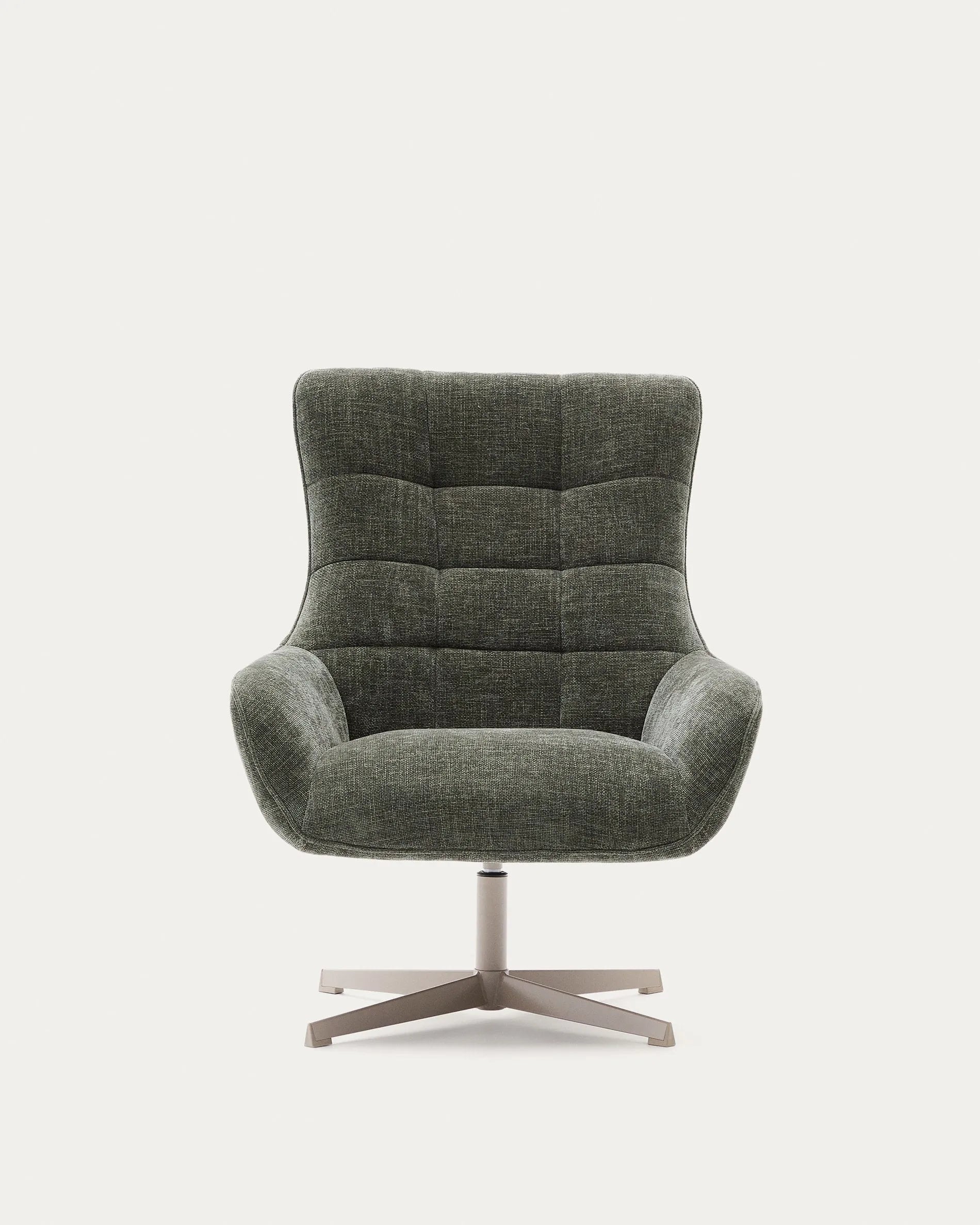 Sessel Teryl: Grüner Chenillebezug, graues Metallgestell, FSC-zertifiziert, modern und nachhaltig, ideal für stilvolle Räume.