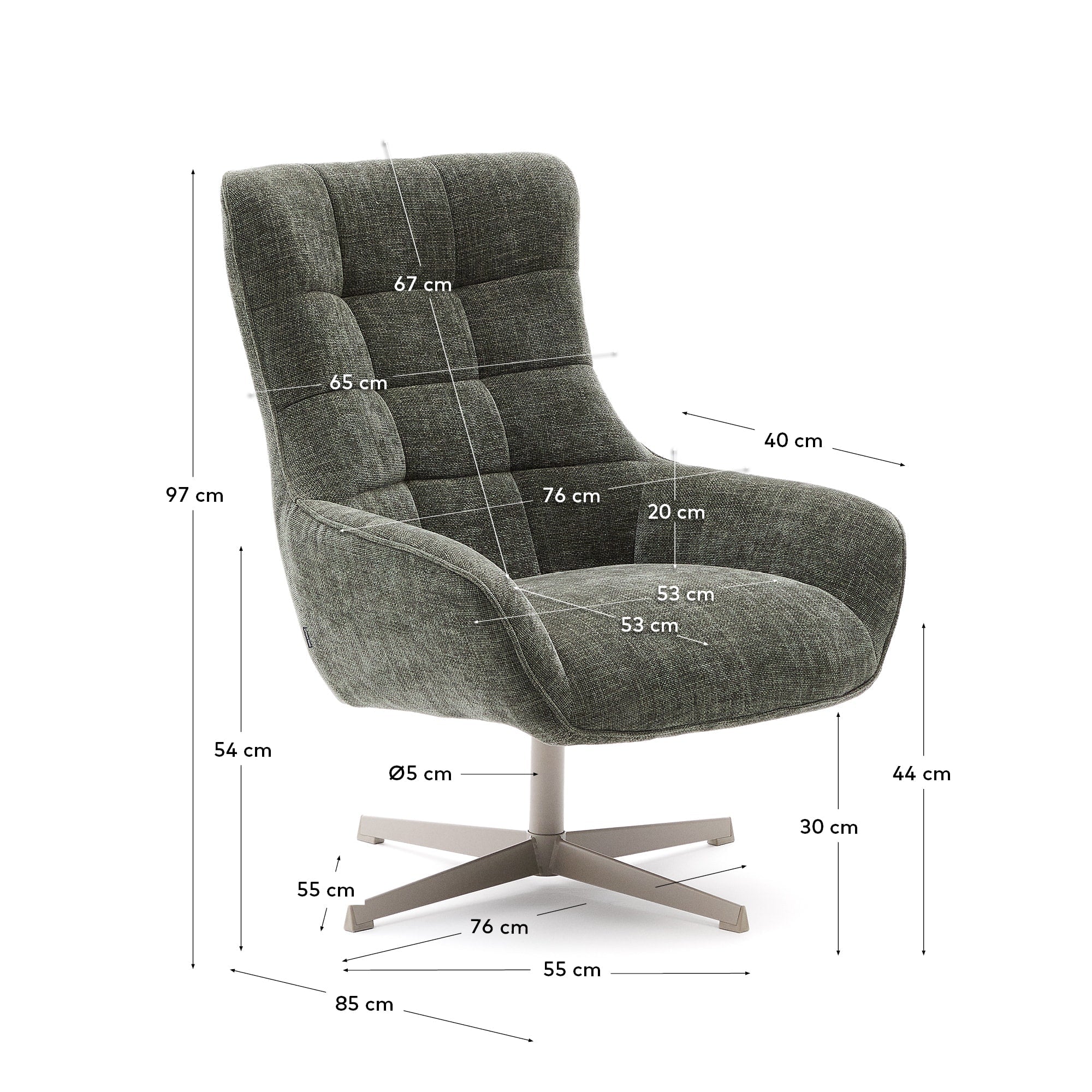 Eleganter Sessel Teryl mit grünem Chenillebezug, grauem Metallrahmen, FSC-zertifiziert, modern und umweltfreundlich.