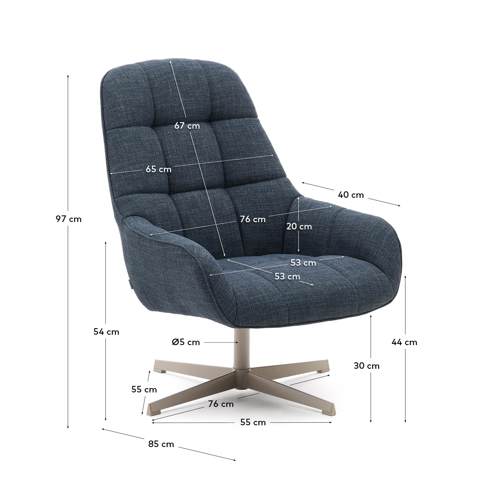 Erleben Sie den modernen Drehsessel Jaspe in ansprechendem Blau und robuster grauer Metallbasis. Perfekt für jeden Raum und umweltfreundlich gefertigt.