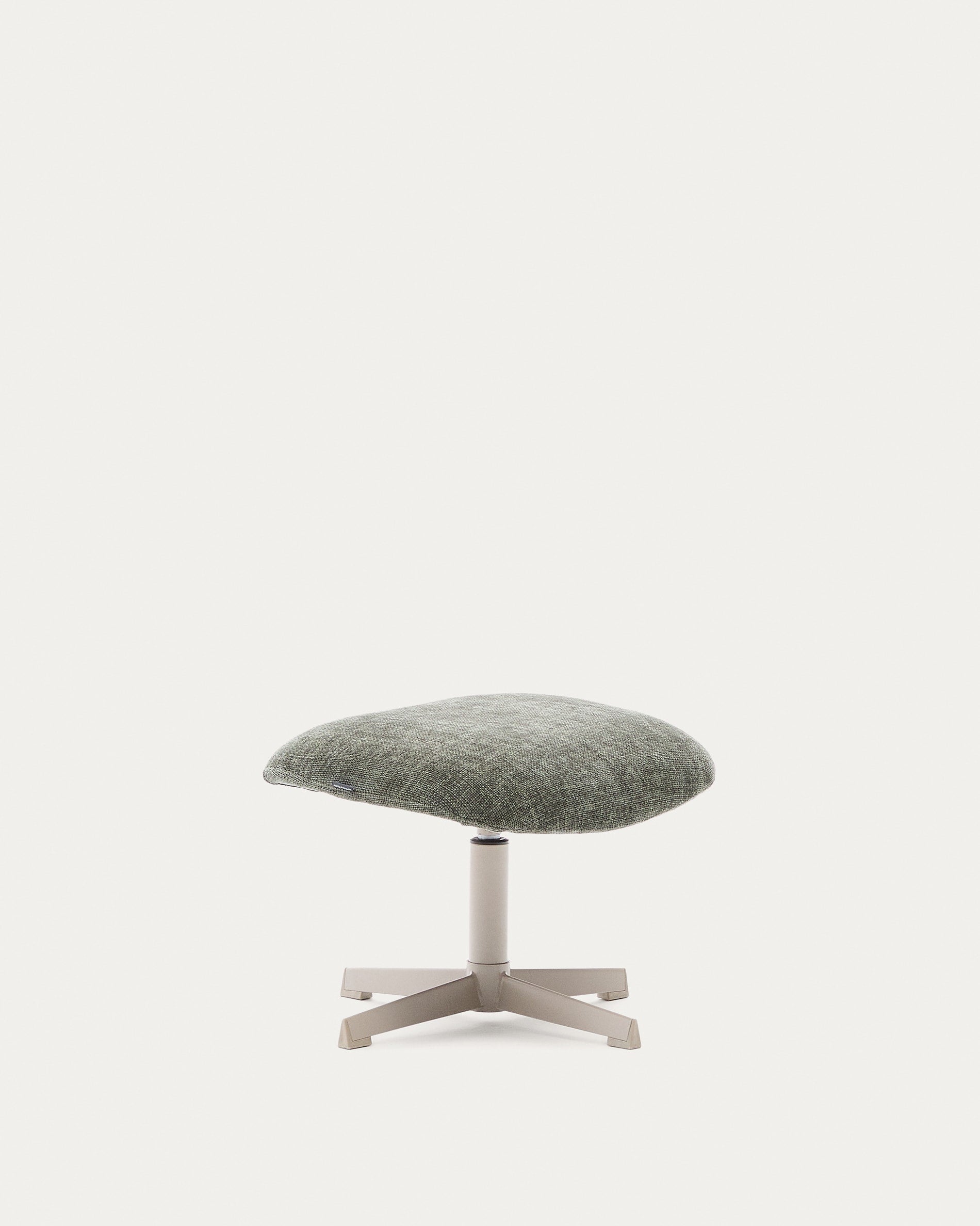 Elegante grüne Chenille-Fussstütze mit grauen Metallbeinen, FSC-zertifiziert, modern und nachhaltig.