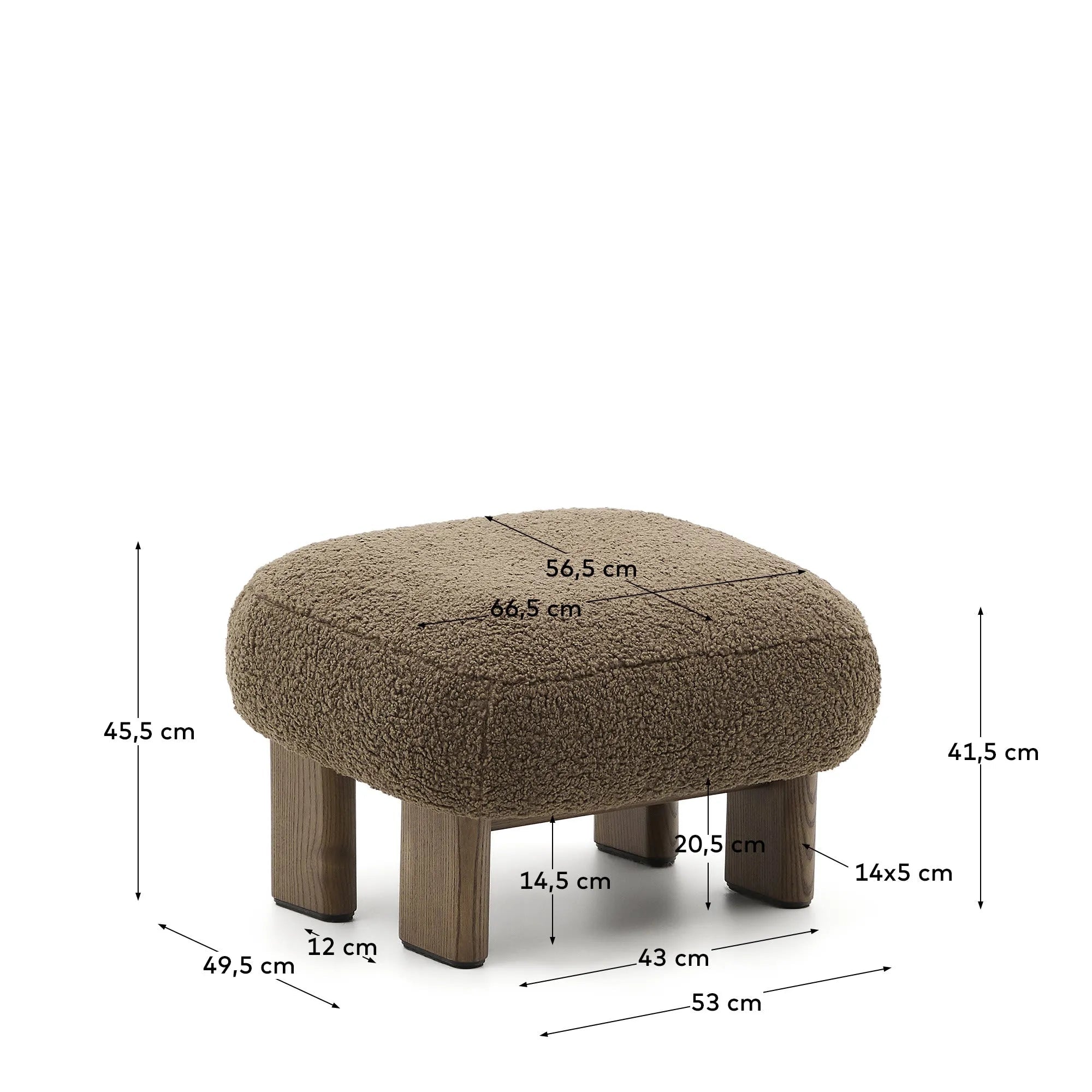 Stilvolle Fußstütze mit taupefarbenem Bouclé-Stoff, Eschenholzbeinen in Walnussoptik, FSC-zertifiziert, Maße: 65x55,4 cm.