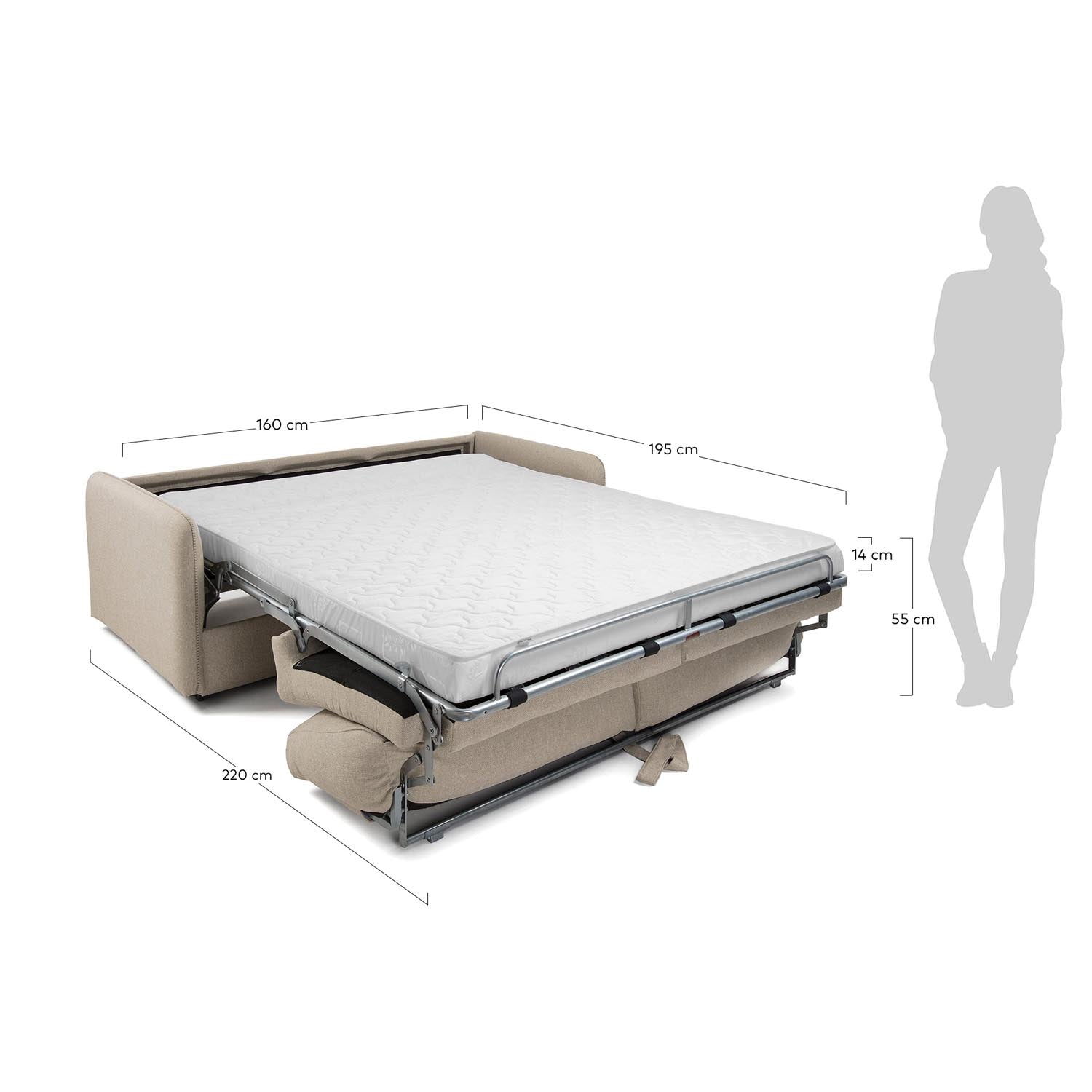 Erleben Sie das elegante Kymoon 2-Sitzer Bettsofa in Chrono Beige von Kave Home. Praktisch, schmutzabweisend und perfekt für Gäste!