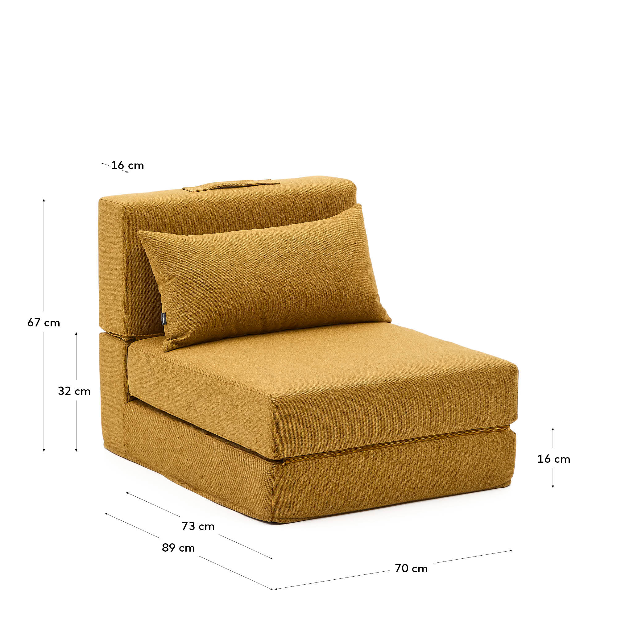 Vielseitiger Pouf in Senf: Sitz, Chaiselongue oder Bett. Kompakt, elegant und ideal für kleine Räume.